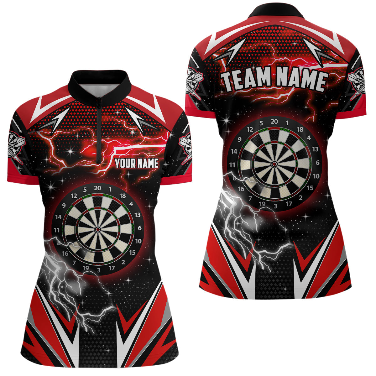 Individuelles Thunder Lightning rotes Dart Damen Quarter Zip Shirt, Team Liga Darttrikots TDM1192