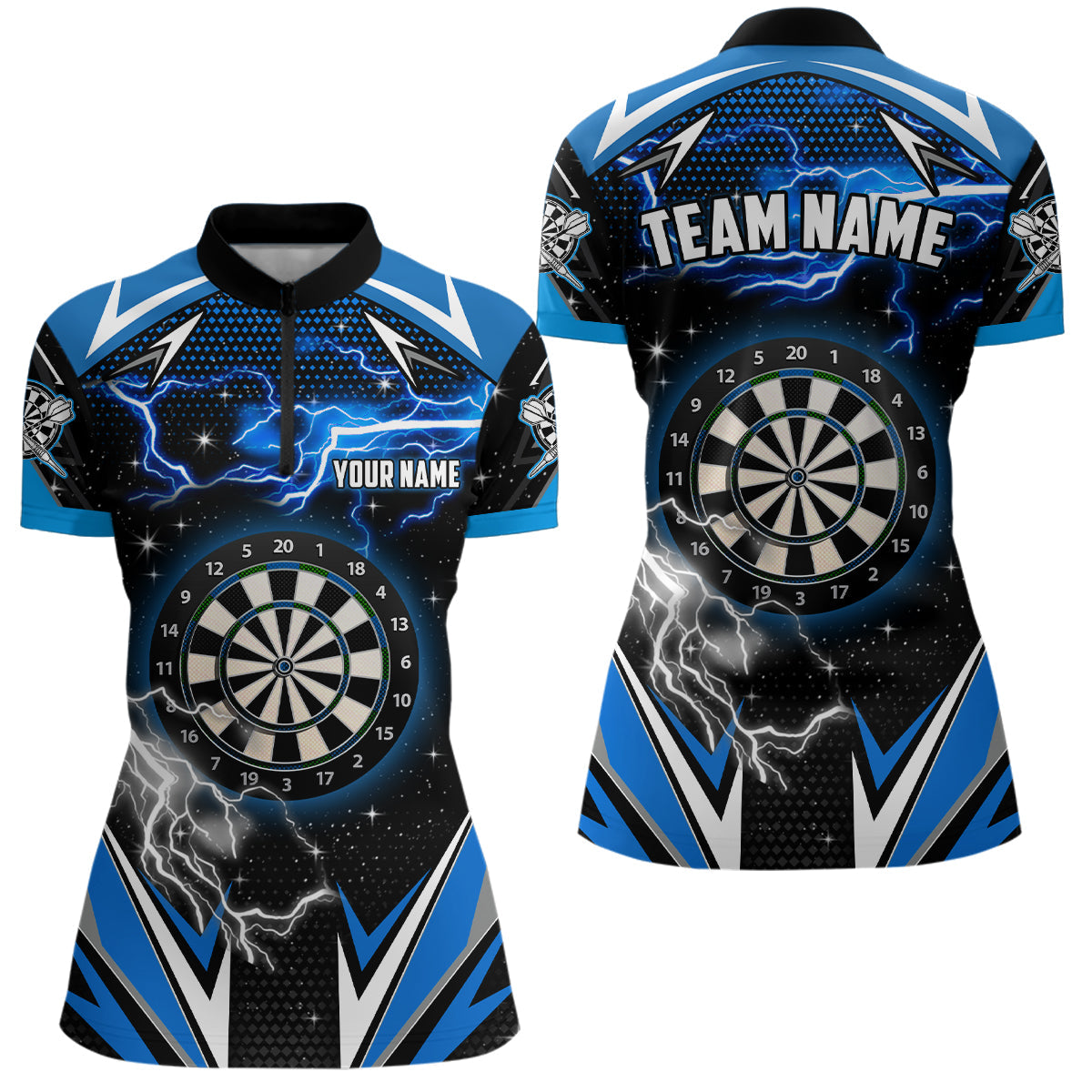 Individuelles Thunder Lightning blaues Dart Damen Quarter Zip Shirt, Team Liga Darttrikots TDM1193
