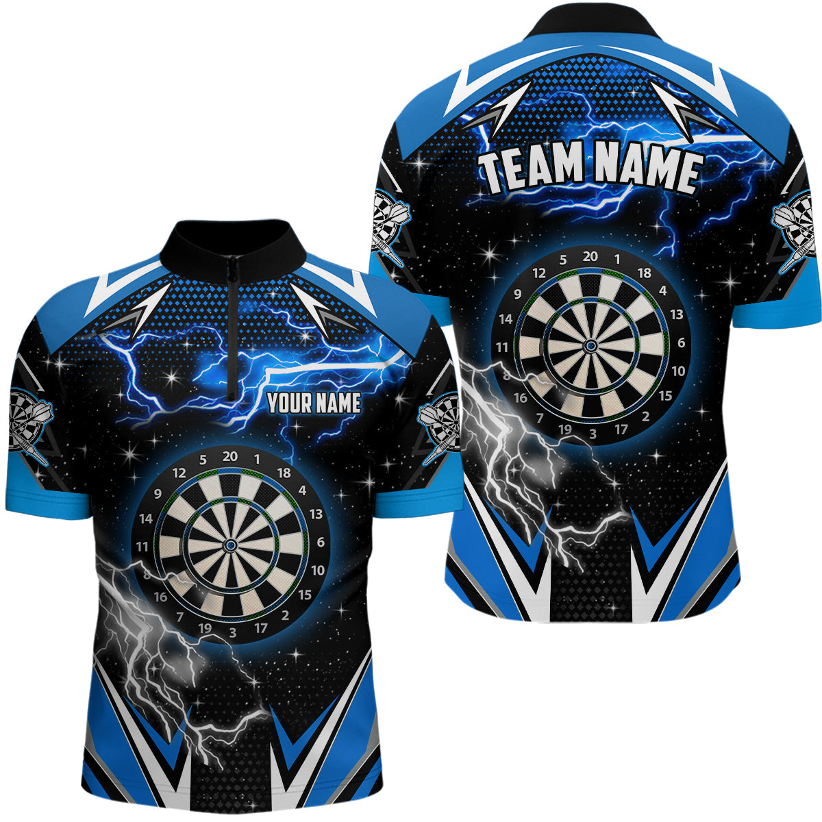 Individuelles Blaues Donner-Blitz Dart Herren Shirt mit Viertelreißverschluss, Dart Trikot TDM1193