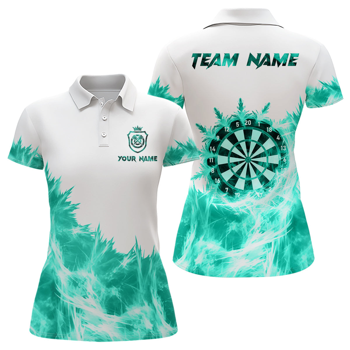 Individuelles Eisiges Türkis-Hellweiß Dart-Poloshirt für Damen, Dart-Trikot Team-Shirt TDM3682