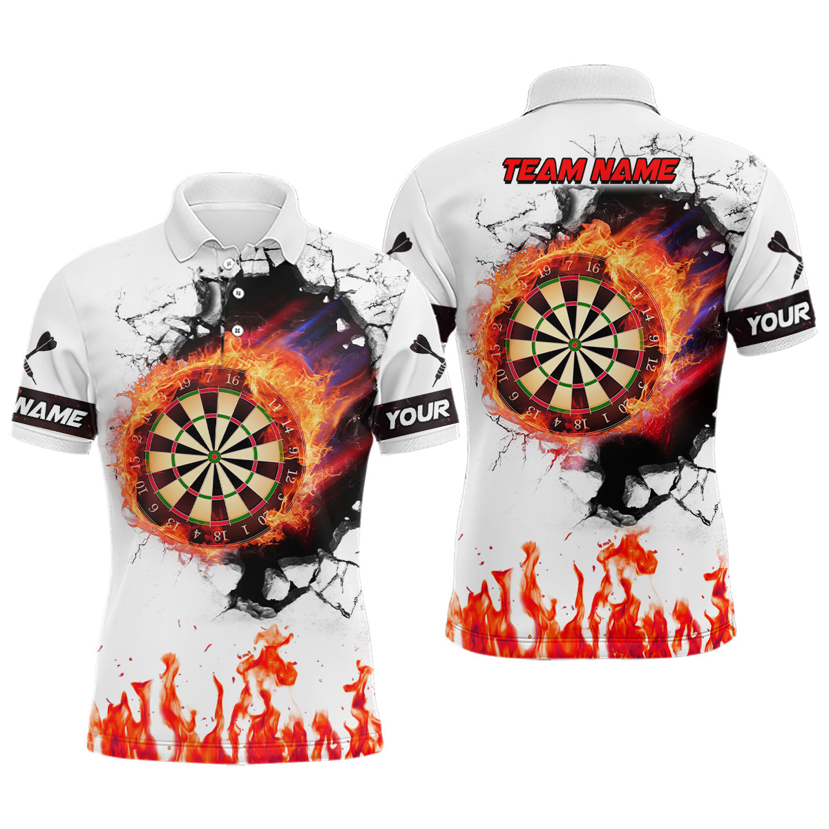 Individuelles Oranges Dartbrett Feuerflamme Dart Poloshirt, Dart Team Shirt TDM1391