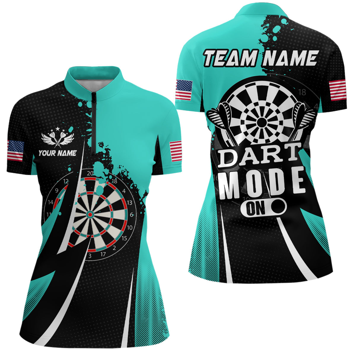 Individuelles türkises Dart Mode On Dart Quarter Zip Shirt für Damen, Dart Teamtrikot TDM1653