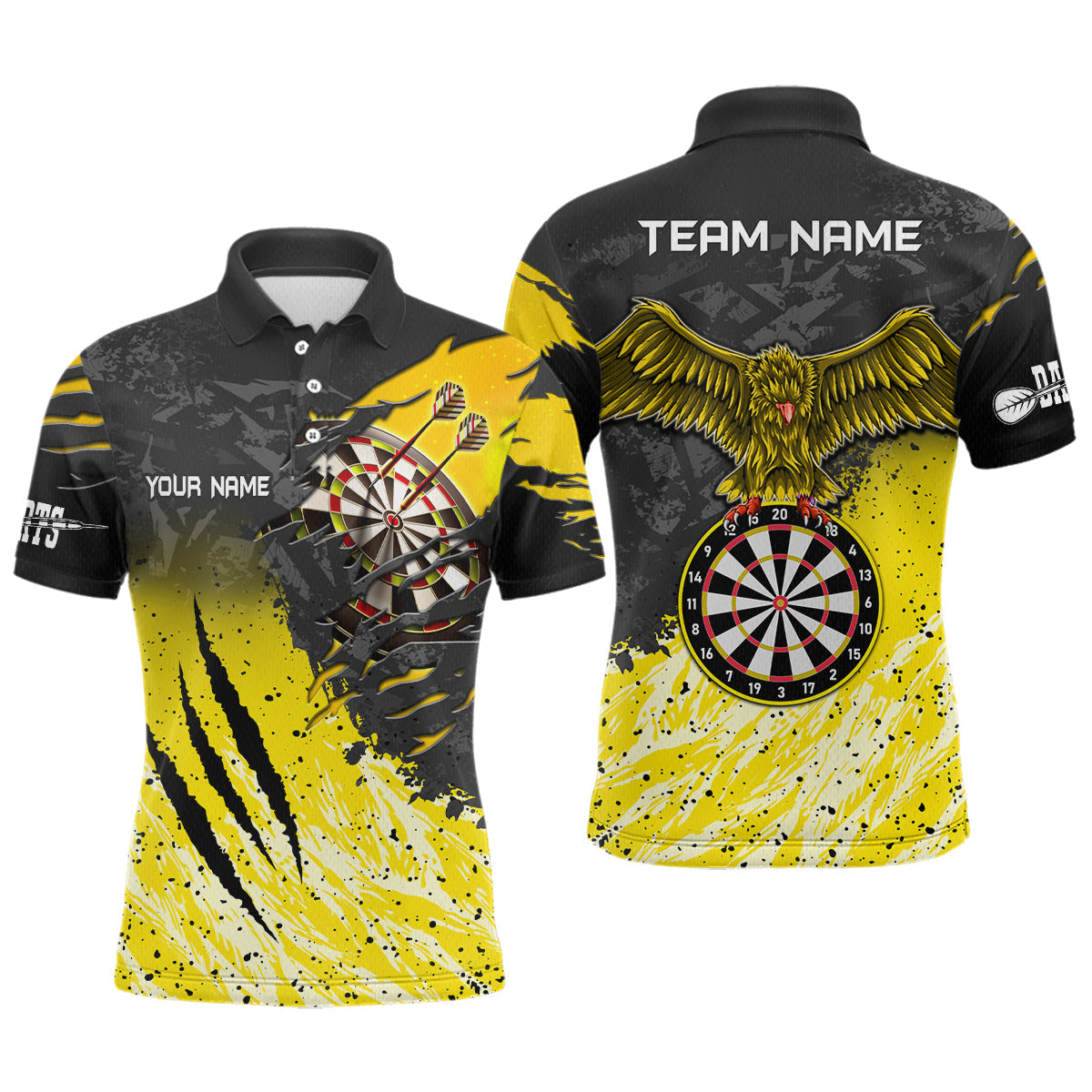 Individuelles schwarz-gelbes Adler-Dartbrett-Dart-Poloshirt für Herren, Dart-Teamtrikot TDM3521