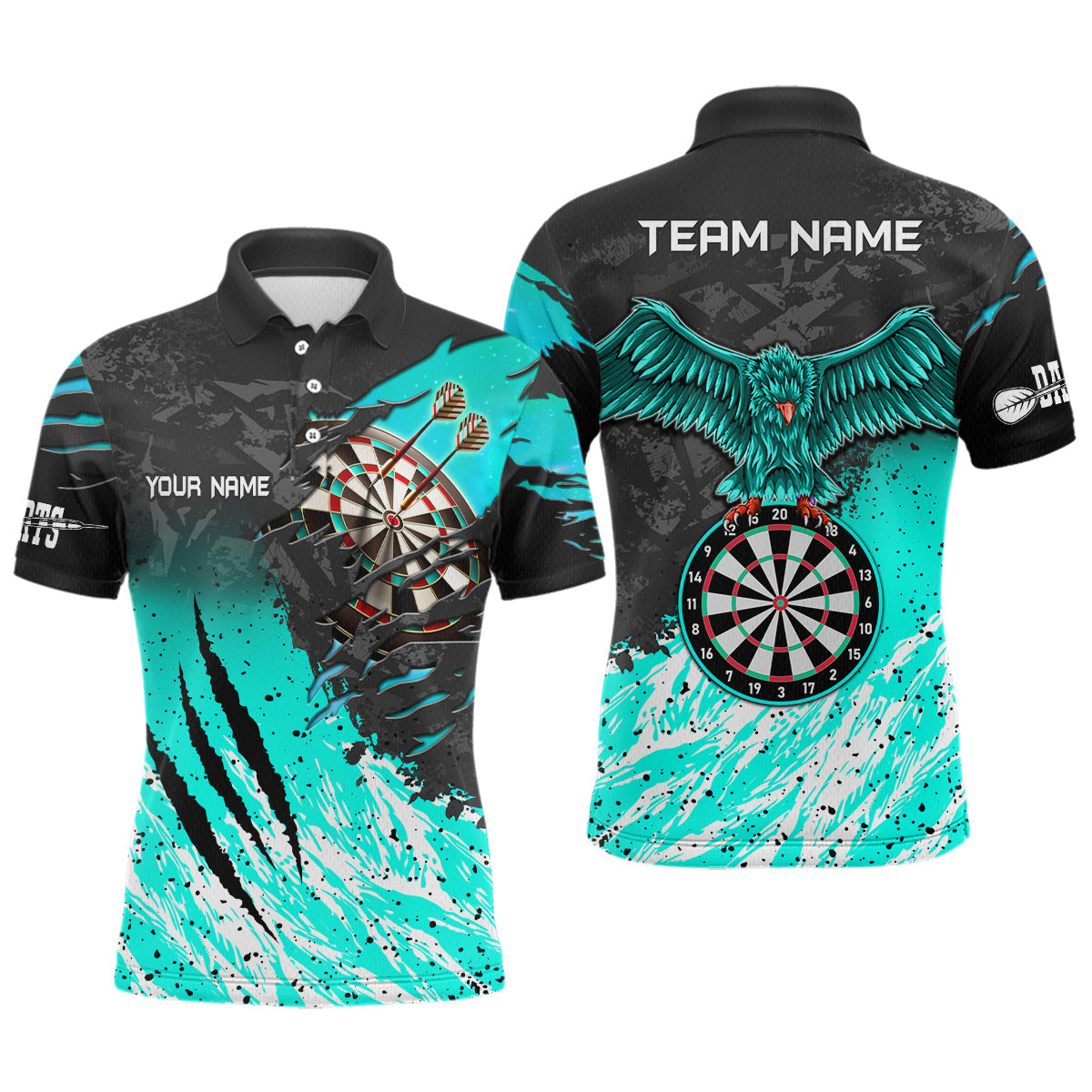 Individuelles türkis-schwarzes Adler-Dartbrett-Dart-Poloshirt für Herren, Dart-Teamtrikot TDM3522