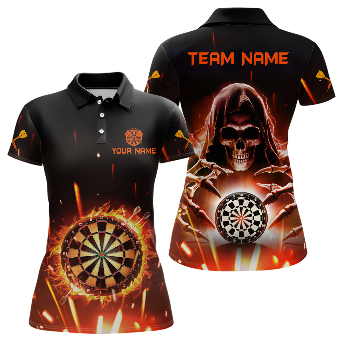 Individuelles Totenschädel Dartbrett Feuerflamme Herren Poloshirt, Dart Teamtrikot TDM1404