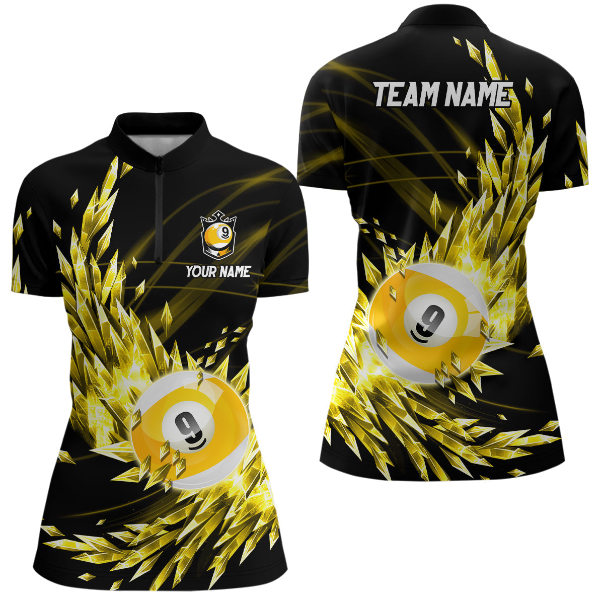 3D Gelbes Frozen-Ice Damen-Quarter-Zip Shirt, personalisiertes 9-Ball-Pool-Billard-Shirt TDM1774