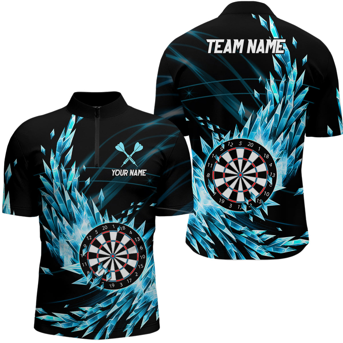 Individuelles Blaues Gefrorenes Herren Shirt mit Viertelreißverschluss, Dart Team Trikot TDM1210