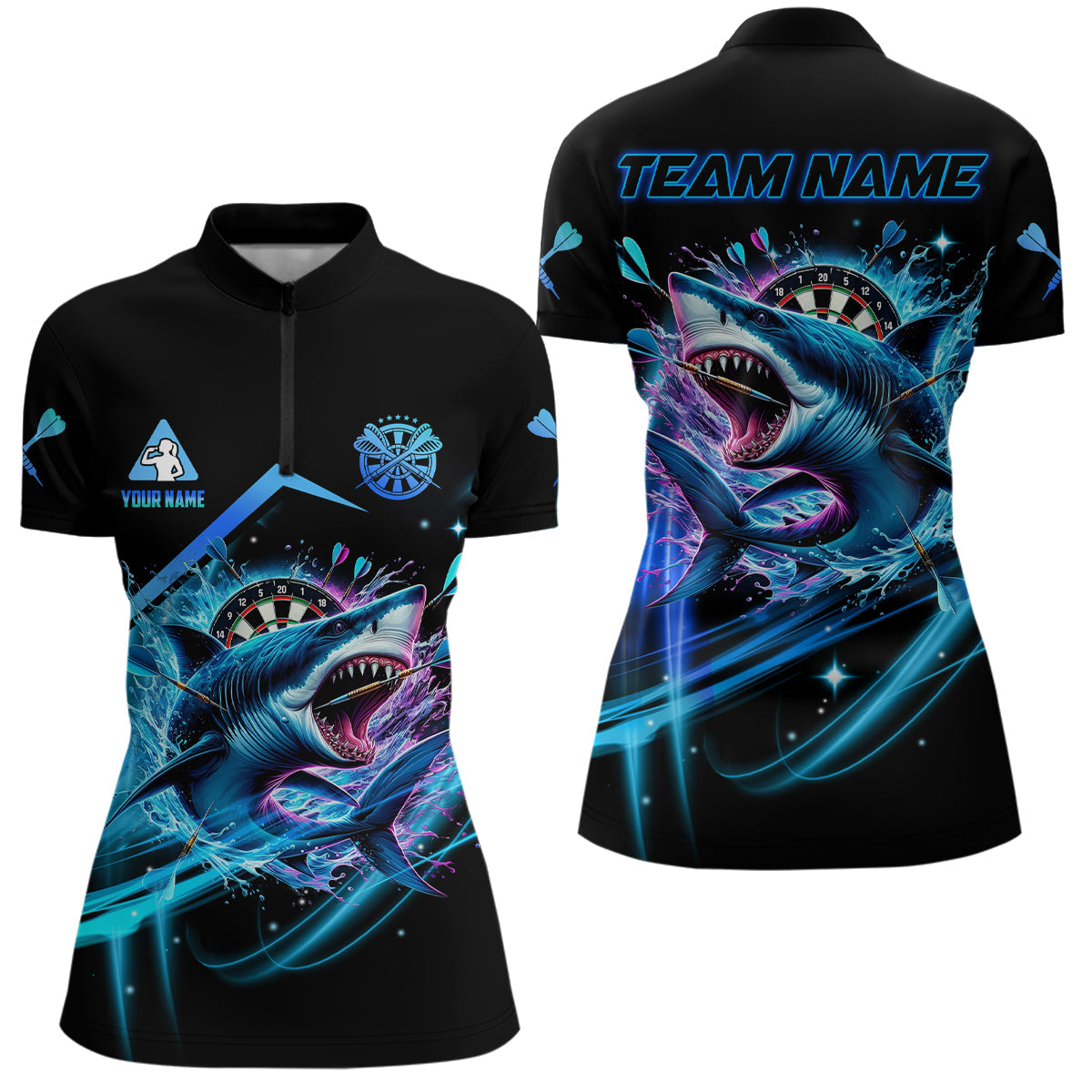 Blaues 3D-Dartboard und Hai Damen-Dartpolo & 1/4-Reißverschlussshirts, lustiges Darttrikot-Outfit TDM2957