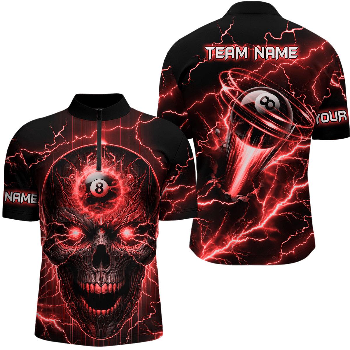 Schädel-Billard-Shirt mit Viertelreißverschluss für Herren, individuelles 8-Ball-Pool-Shirt mit Name TDM0199