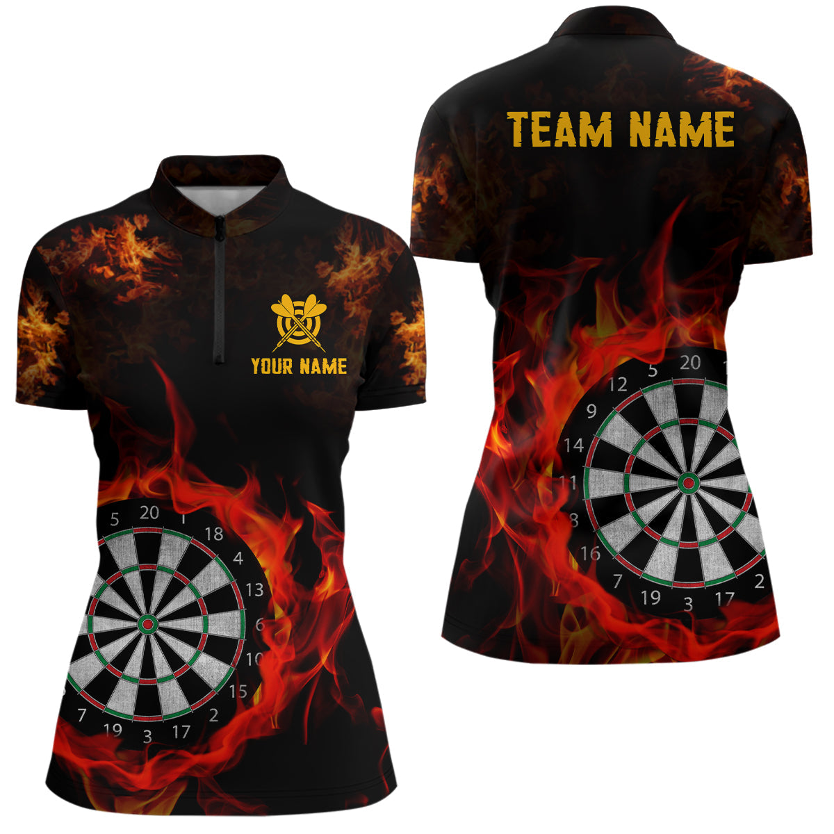 Individuelles Feuer Flamme Dartboard Damen Quarter Zip Shirt, Dart Shirts Für Team Dart Trikot TDM1226