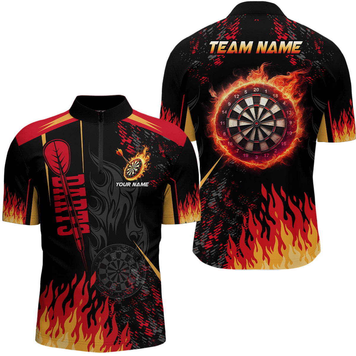 Dartboard Feuerflamme Dart Herren Shirt mit Viertelreißverschluss, Dart Trikot TDM1437