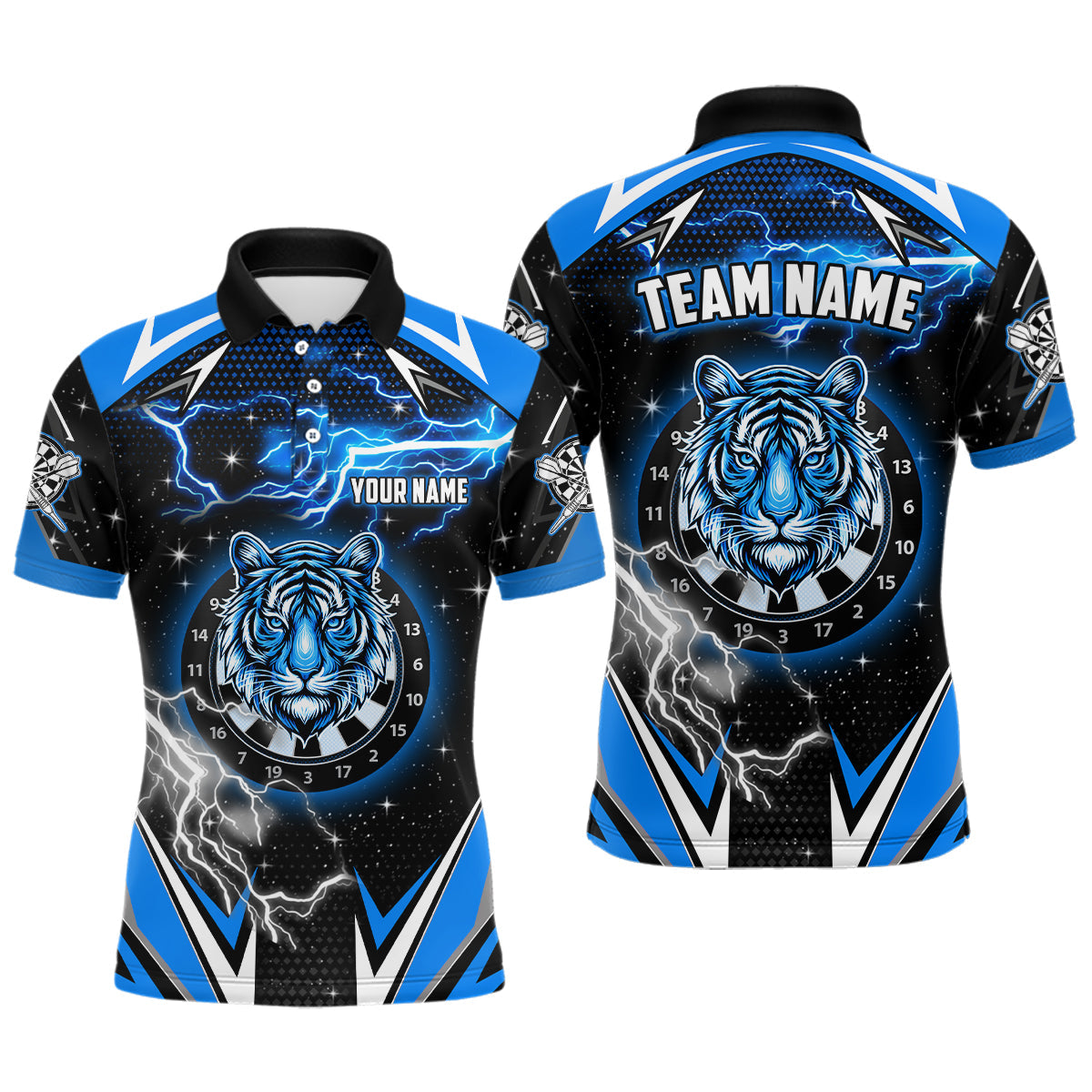Individuelles Tiger Dartbrett Donner Blitz Blaues Herren Poloshirt, Dart Teamtrikot TDM2213