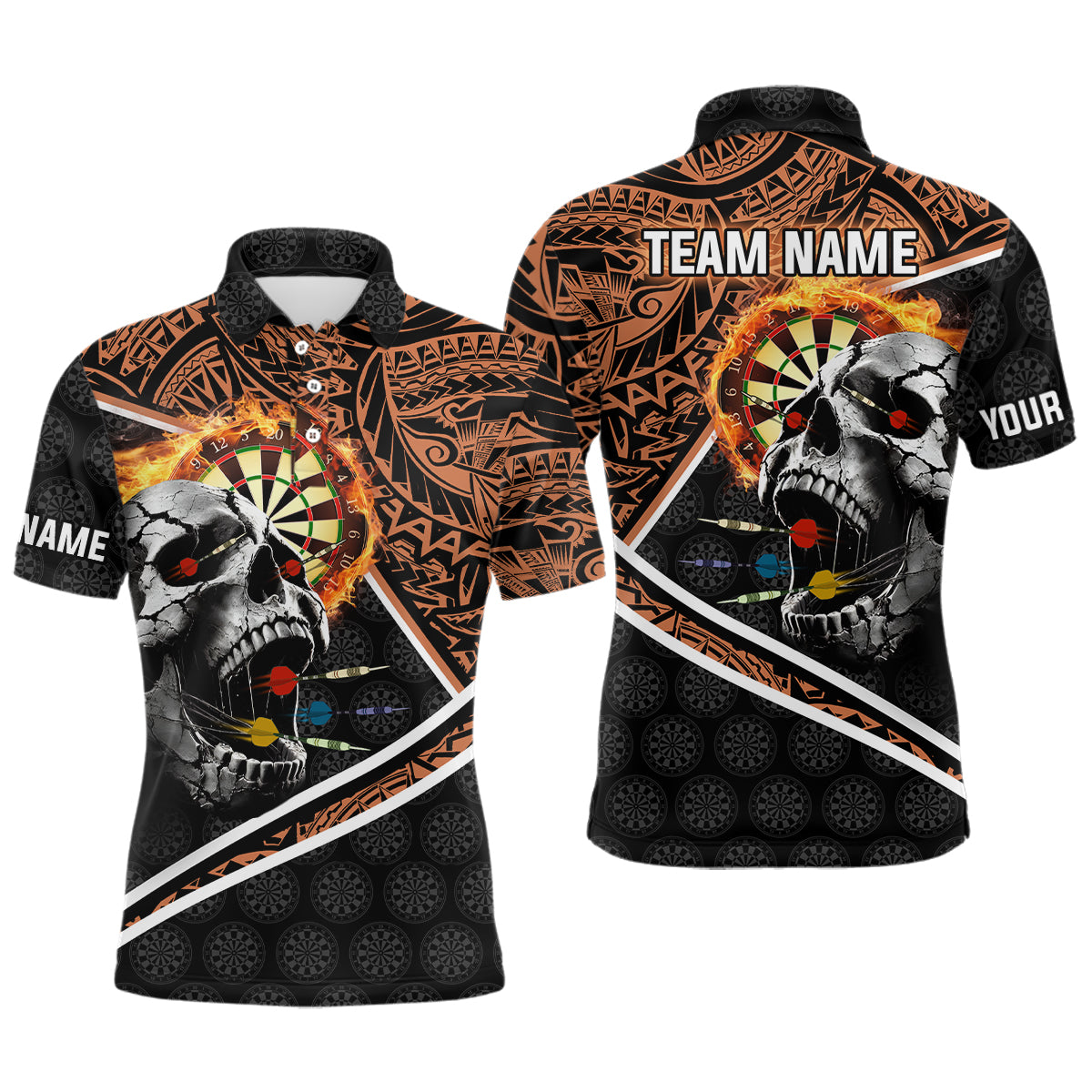 Individuelles Schädel-Dartboard-Feuer-Tribal-Dart-Poloshirt für Herren, Team-Darttrikot TDM3218