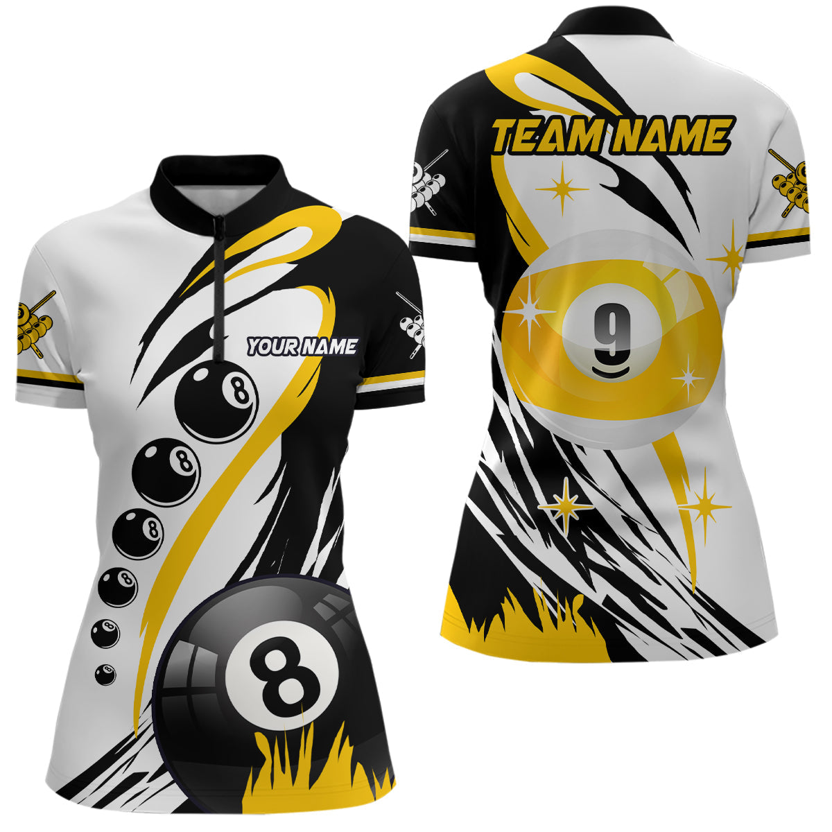 Billard 8-Ball & 9-Ball Quarter-Zip Shirt für Damen, Billardkleidung mit individuellem Teamnamen TDM1229