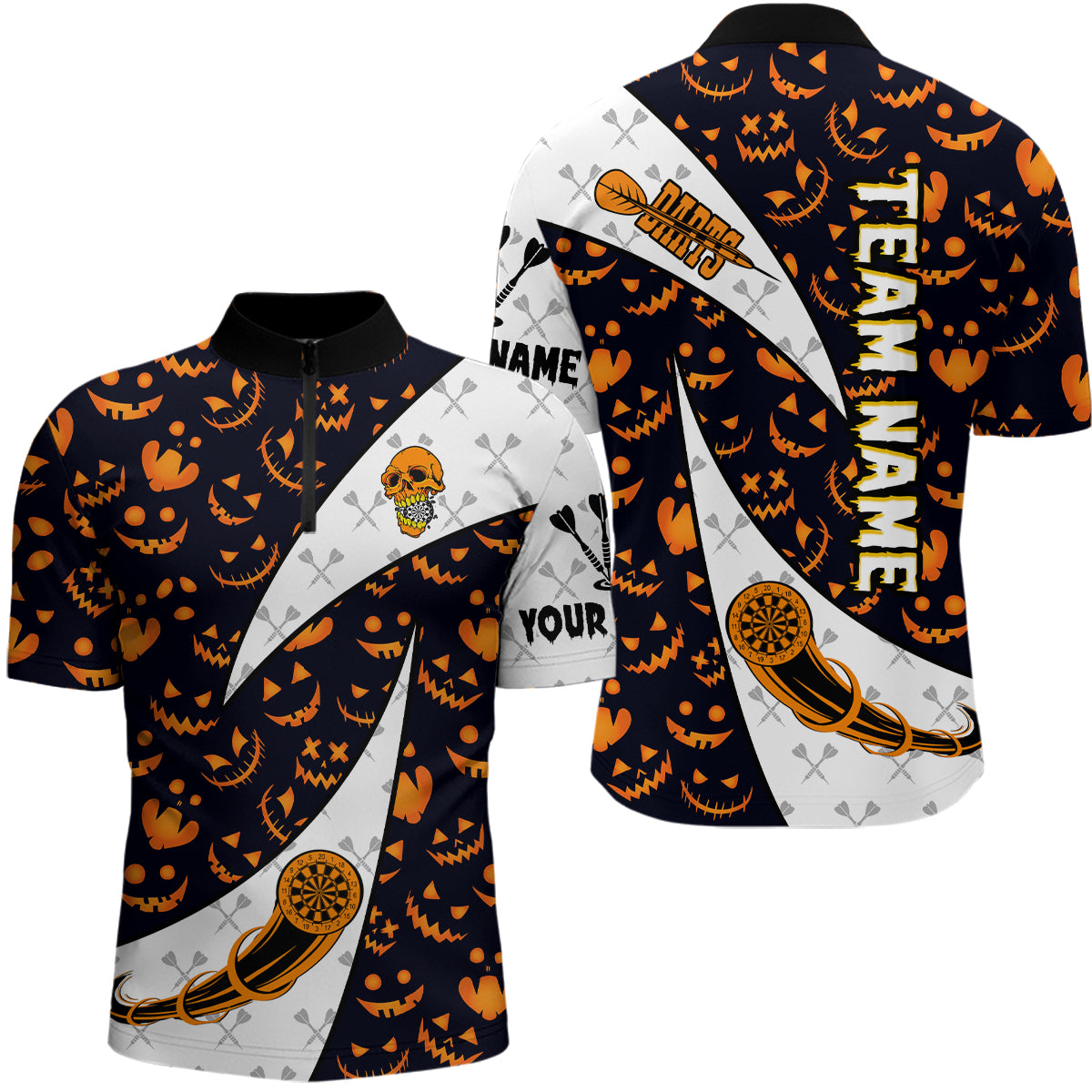Individuelles Lustiges Kürbis Muster Halloween Dart Herren Shirt mit Viertelreißverschluss, Geschenk für Dartliebhaber TDM2735