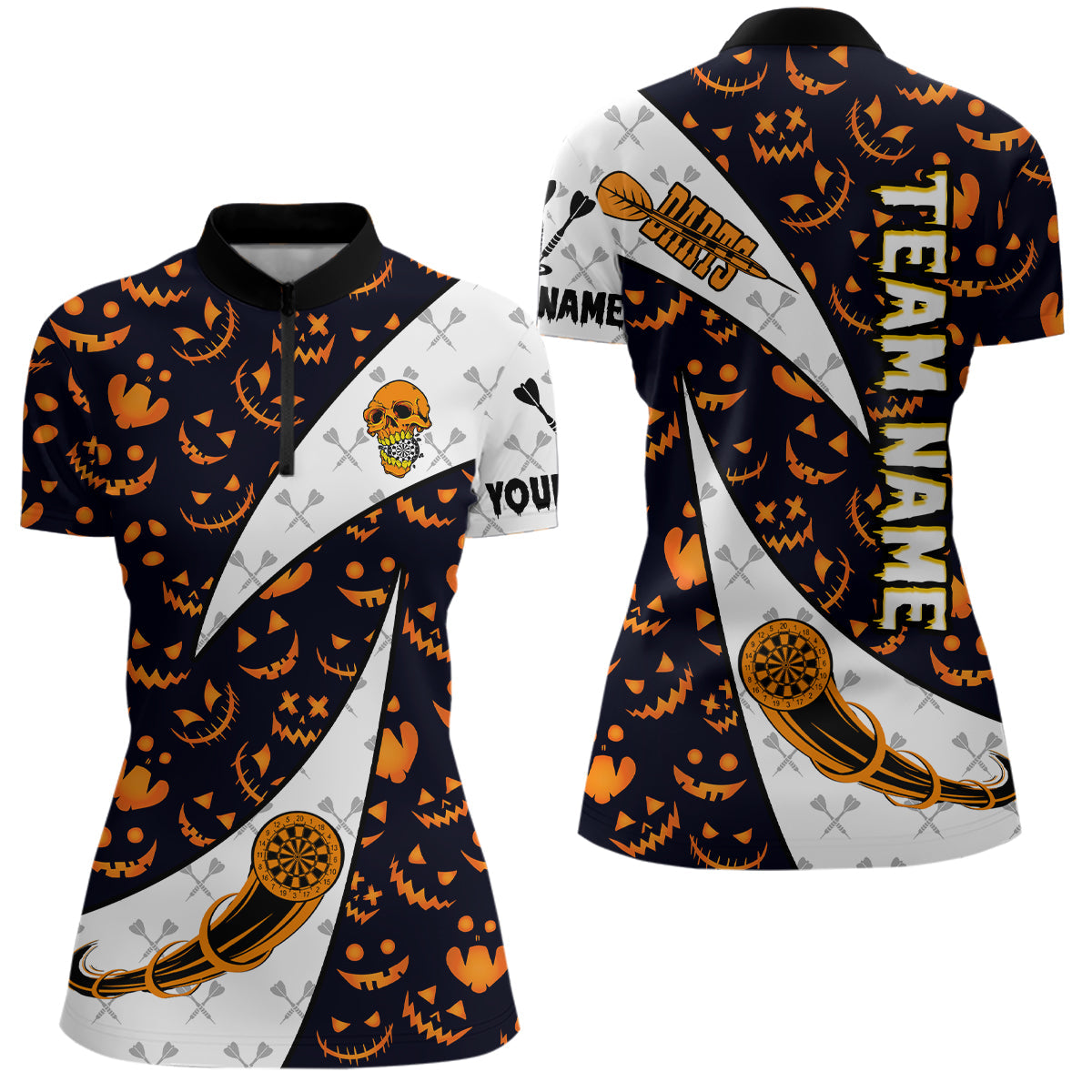 Individuelles Lustiges Kürbis Muster Halloween Dart Damen Quarter Zip Shirt, Geschenk Für Dart Liebhaber TDM2735