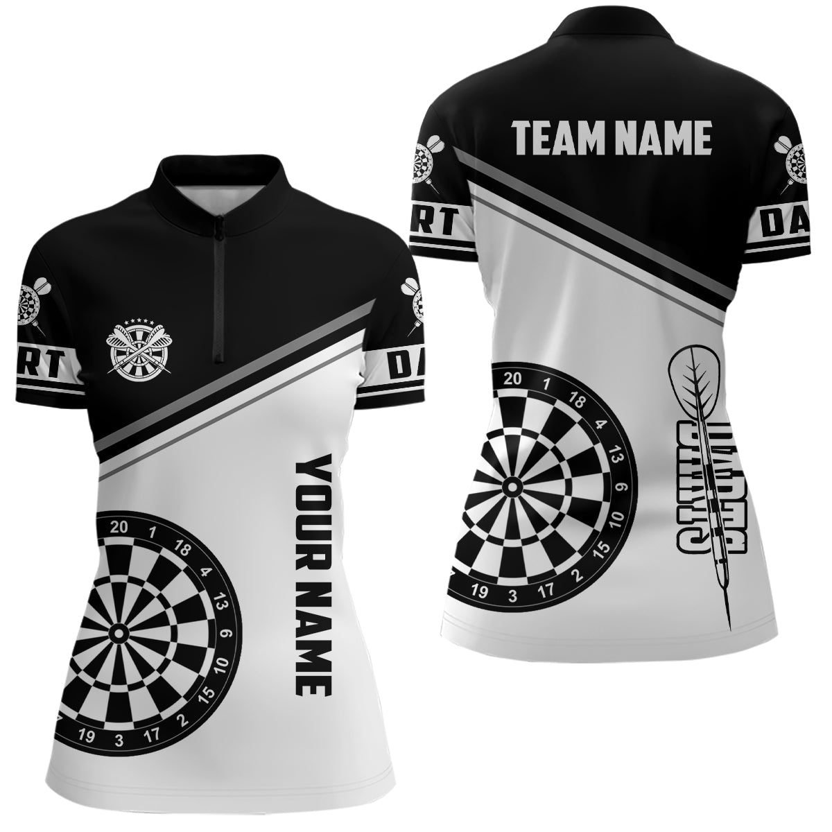 Individuelles Dartboard Schwarz-Weiß Damen Quarter Zip Shirt, Dart Team Uniform Shirts, Dart Trikot TDM1246