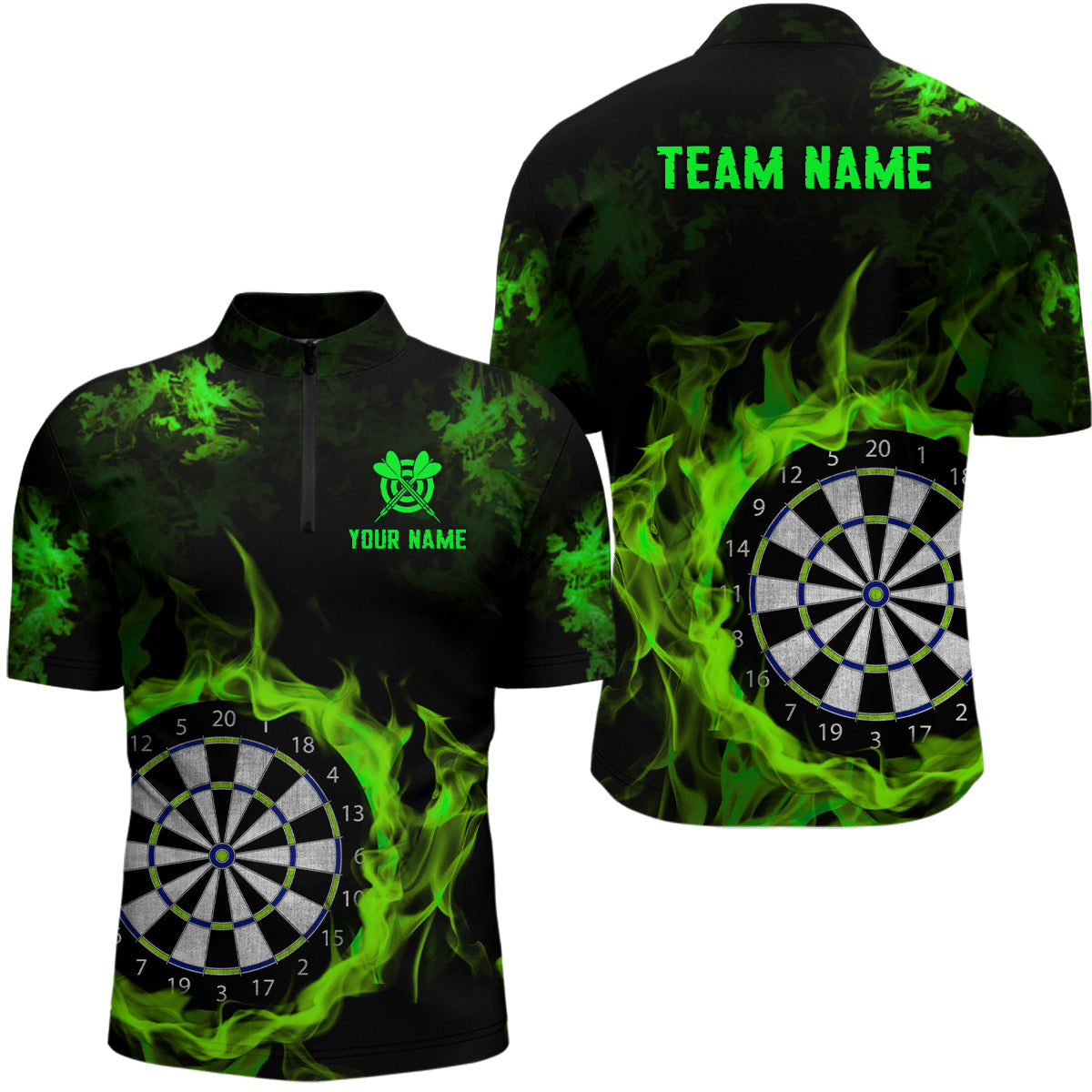 Feuerflamme Grünes Dartboard Dart Herren Shirt mit Viertelreißverschluss, Team Dart Shirt TDM2030