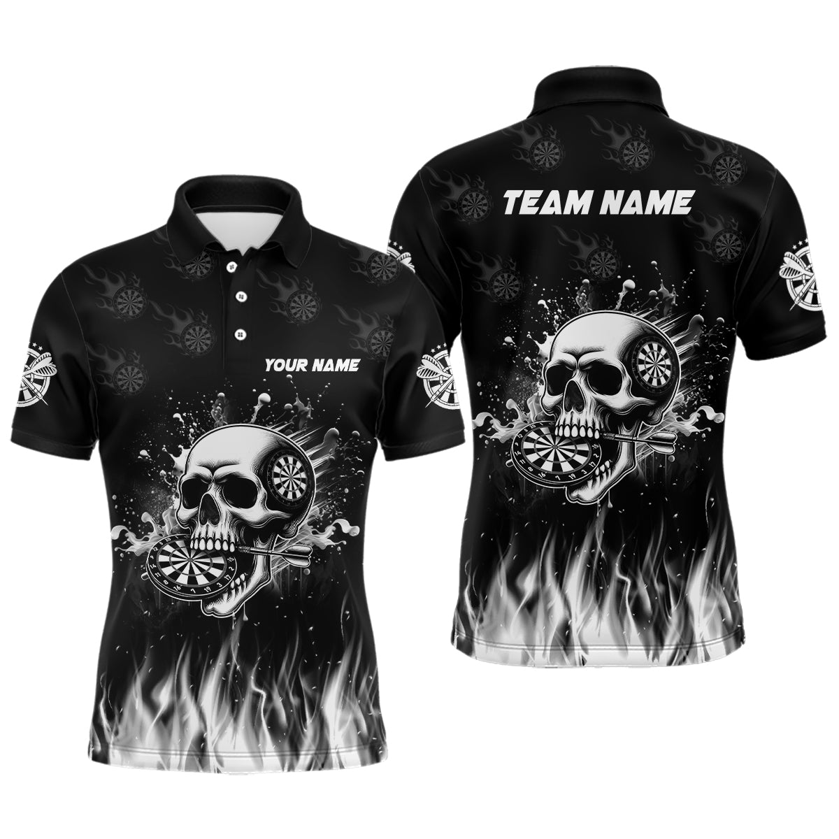 Individuelles Lustiges Skelett Feuer Schwarzes Herren Poloshirt, Dart Teamtrikot TDM2242