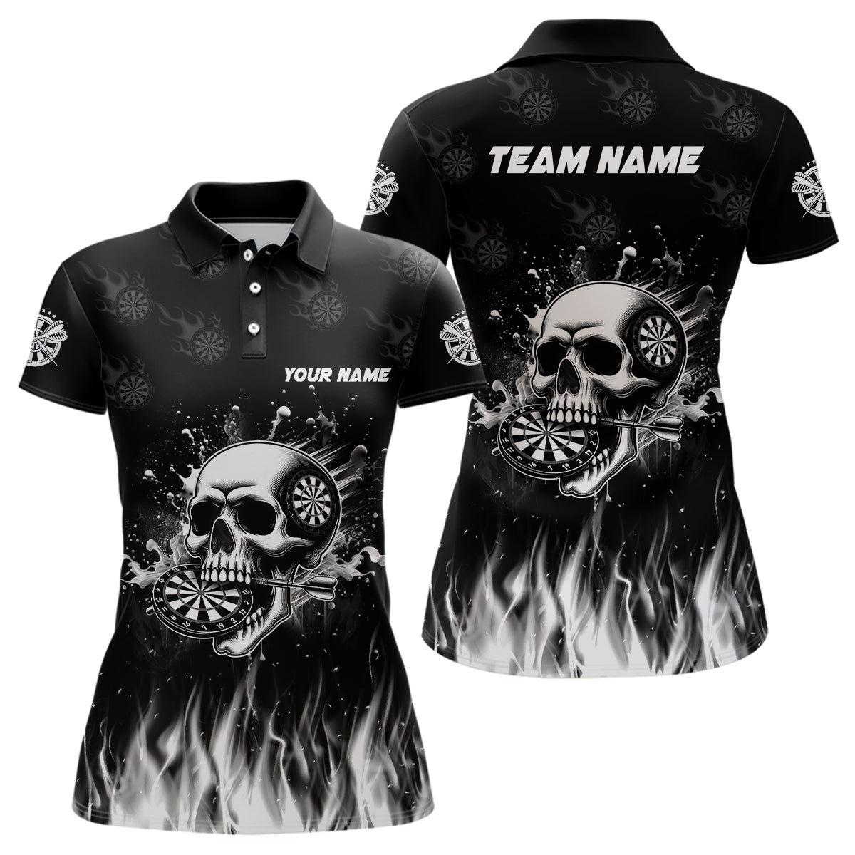 Individuelles Lustiges Skelett Feuer Schwarzes Herren Poloshirt, Dart Teamtrikot TDM2242
