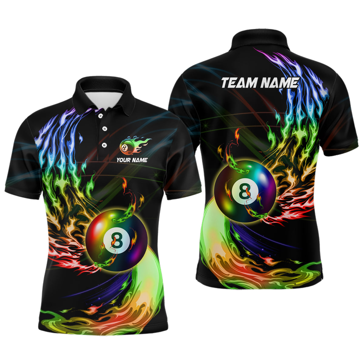 Personalisiertes 8-Ball-Pool Regenbogen-Feuer-Flamme Poloshirt für Herren, buntes Billardtrikot TDM3240
