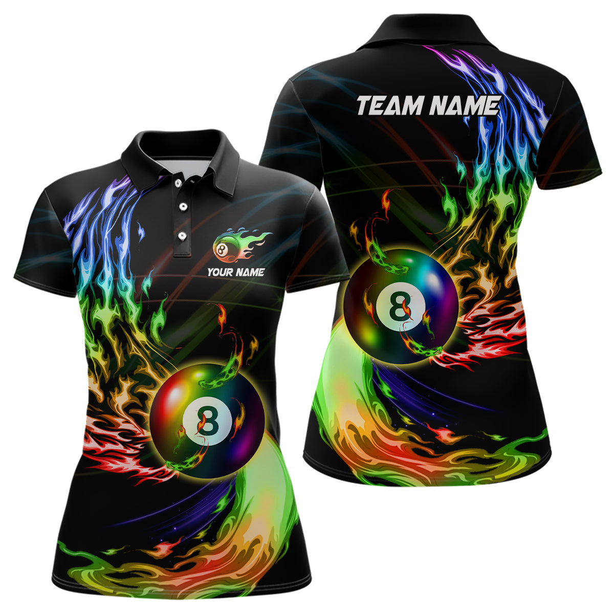 Personalisiertes 8-Ball-Pool Regenbogen-Feuer-Flamme Poloshirt für Damen, buntes Billardtrikot TDM3240