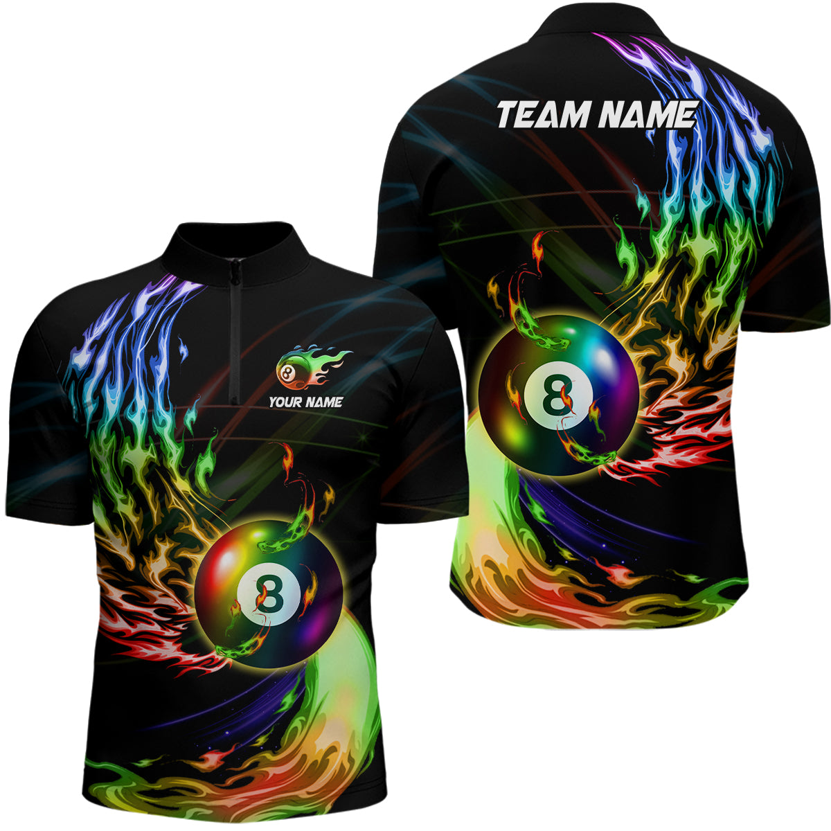 Maßgeschneiderte 8 Ball Pool Regenbogen Feuerflamme Herren Quarter-Zip Shirt, buntes Billiard Jersey TDM3240