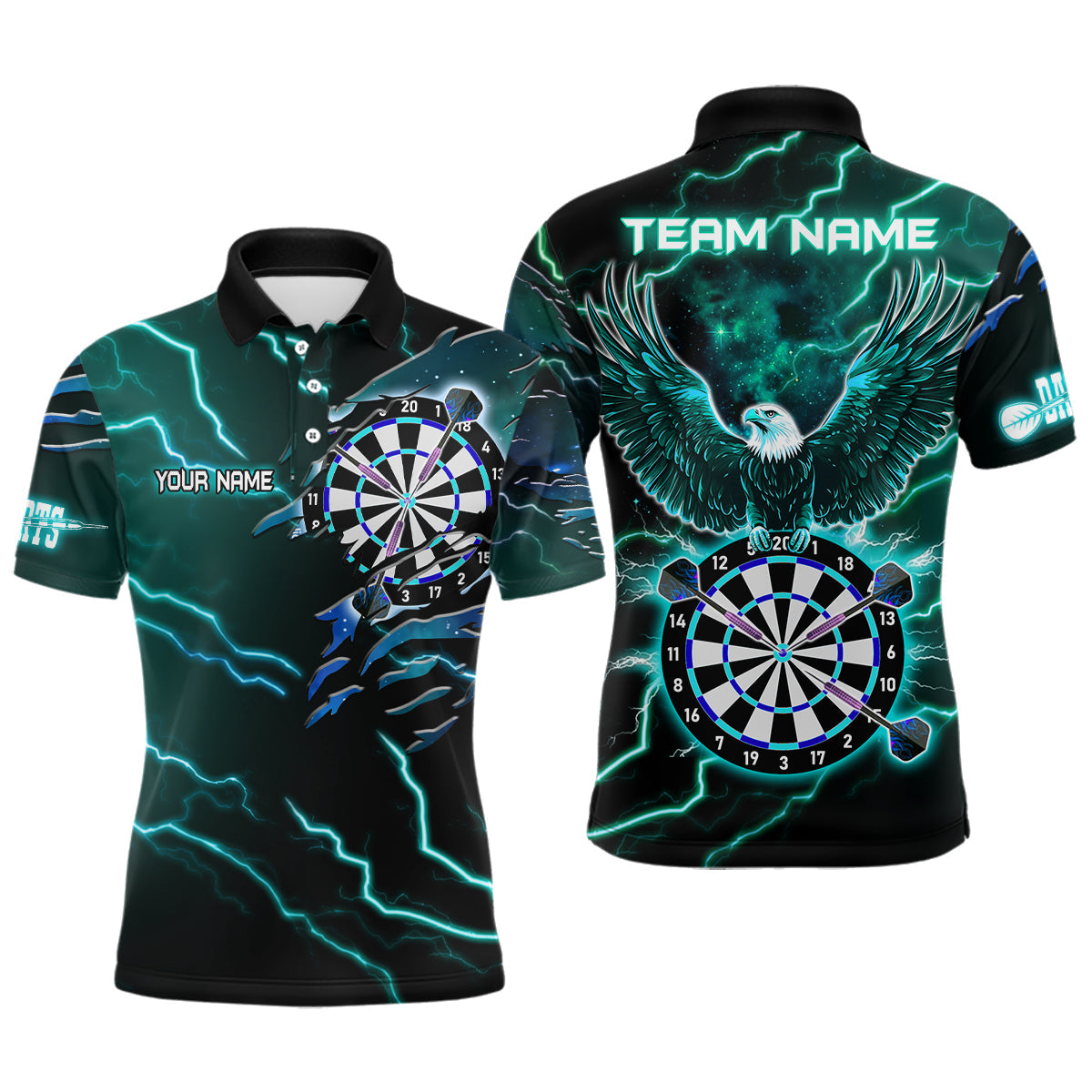 Individuelles Donner-Blitz-Adler-türkisfarbenes Dart-Poloshirt für Herren, Darttrikot TDM3579