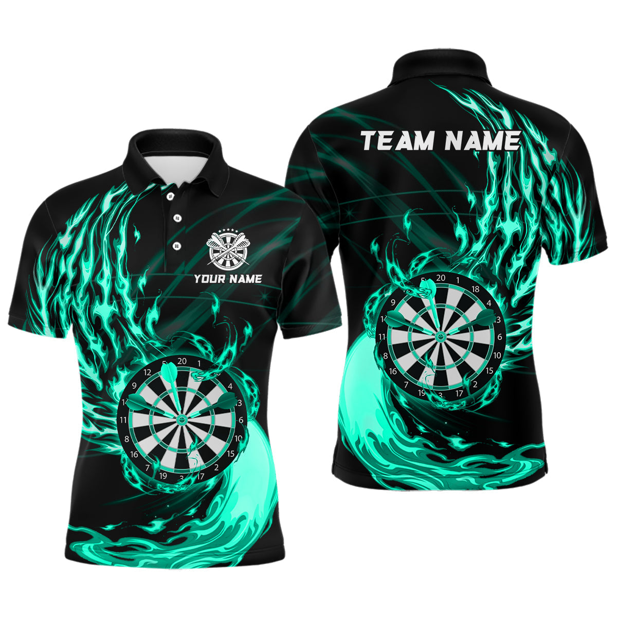 Individuelles Türkises Feuer Flamme Dartbrett Dart Poloshirt Für Herren – Darttrikots TDM3739