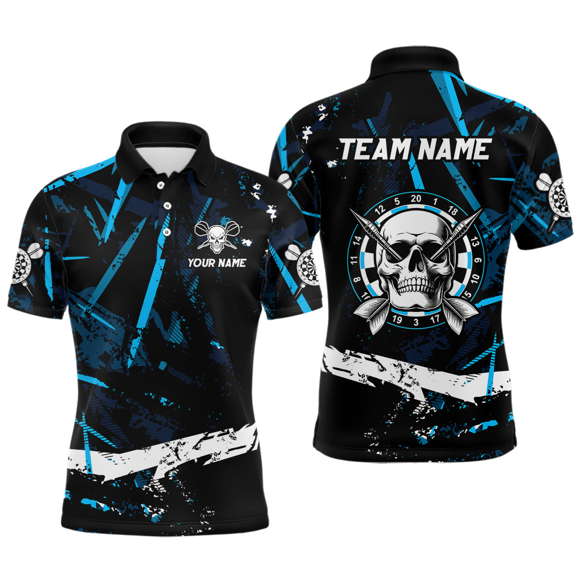 Individuelles Grunge-schwarz-blaues abstraktes Totenkopf-Dart-Poloshirt für Herren, coole Team-Darttrikots TDM3245