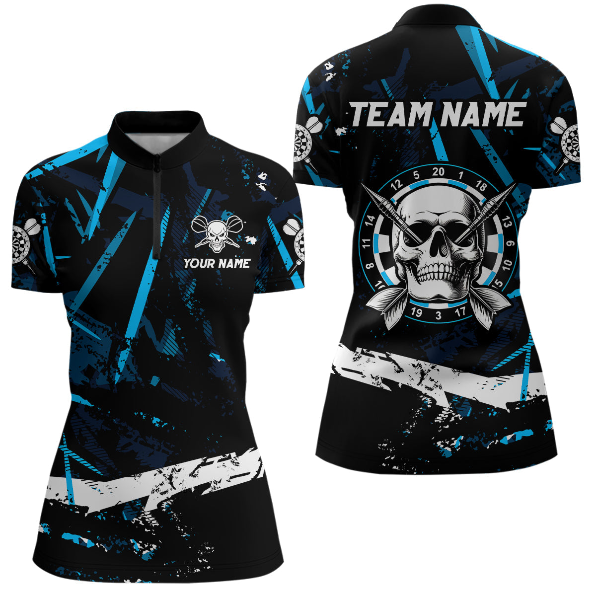 Individuelles Grunge Schwarz-Blau Abstrakter Schädel Dart Damen Quarter Zip Shirt, Coole Team Dart Trikots TDM3245