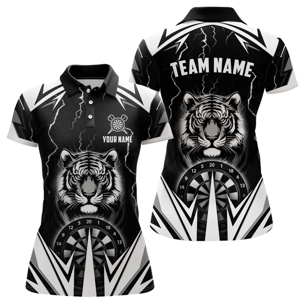 Individuelles Tiger Donner Blitz Schwarzes Dart Poloshirt für Damen, Dart Trikot TDM2780