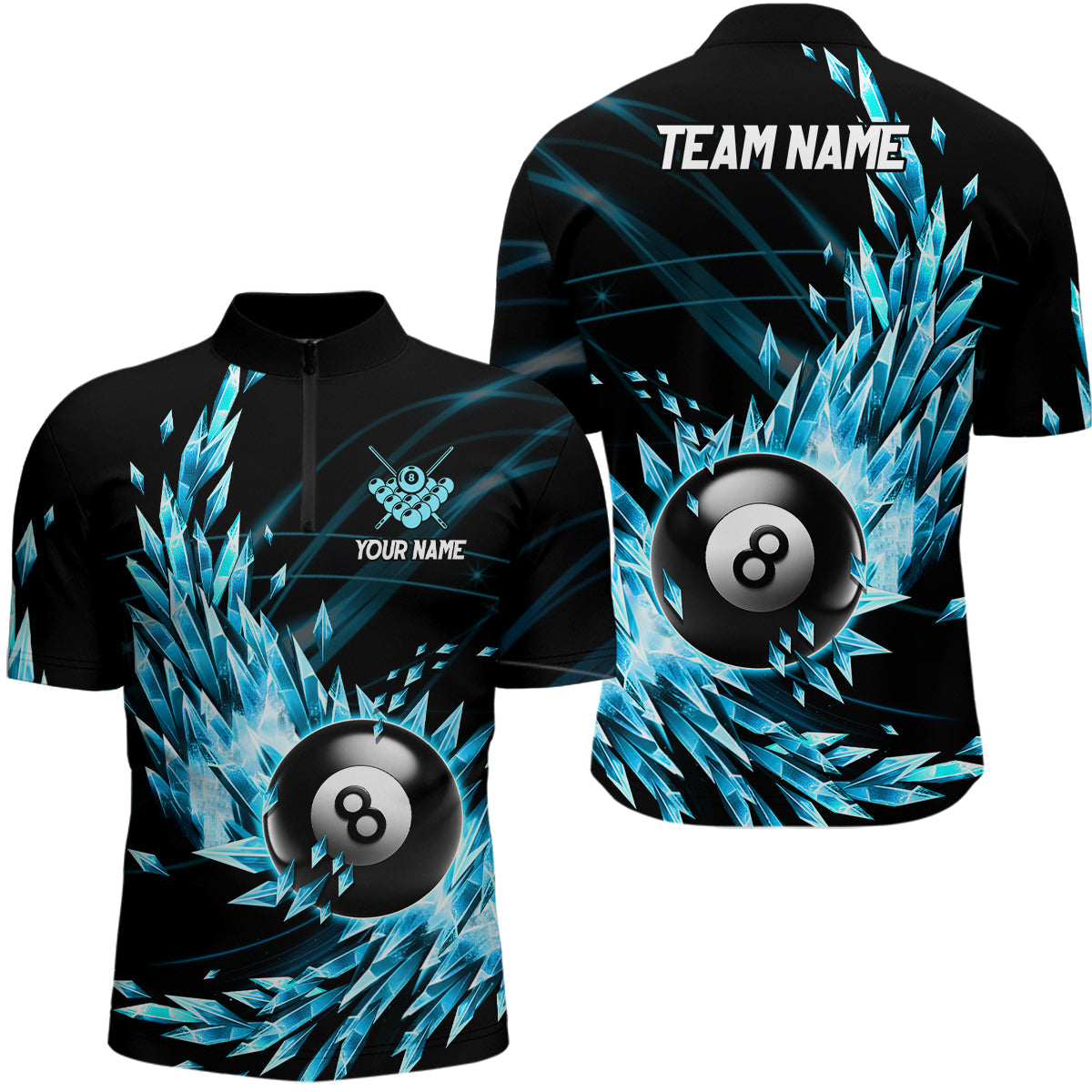 3D Blau gefrorenes Eis Billard-Shirt mit Viertelreißverschluss für Herren, individuelles 8-Ball-Billard-Shirt TDM1119