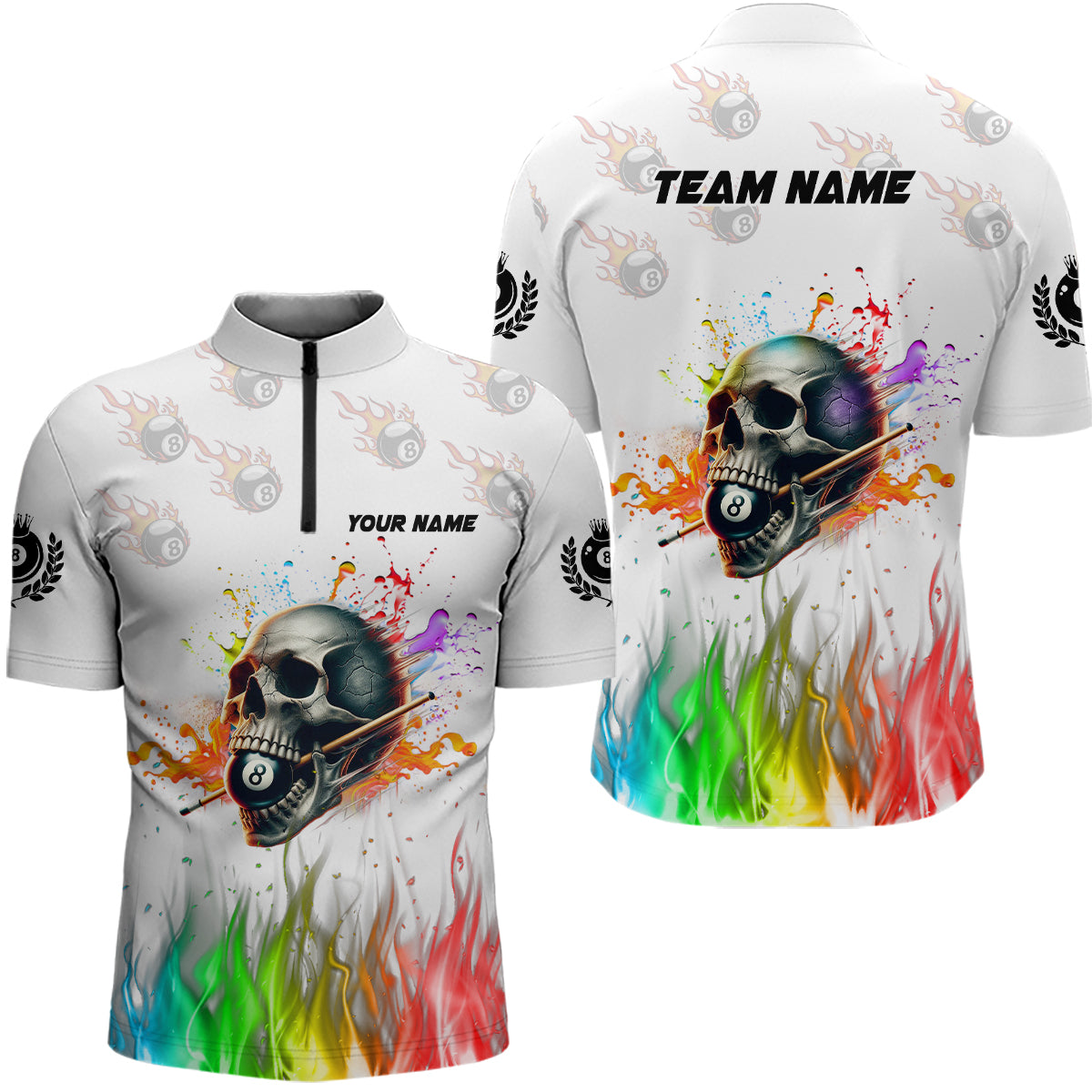 Lustiger bunter Billard-Schädel personalisiertes Herren-Shirt mit Viertelreißverschluss, Team-Billard-Outfit TDM1124