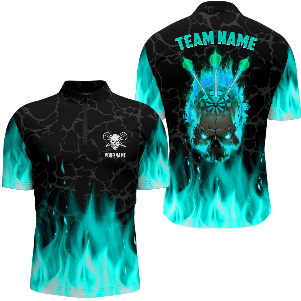 Individuelles Fire Flame Skull Dart Herren Shirt mit Viertelreißverschluss, Türkises Gruseliges Dart Team Trikot TDM2552