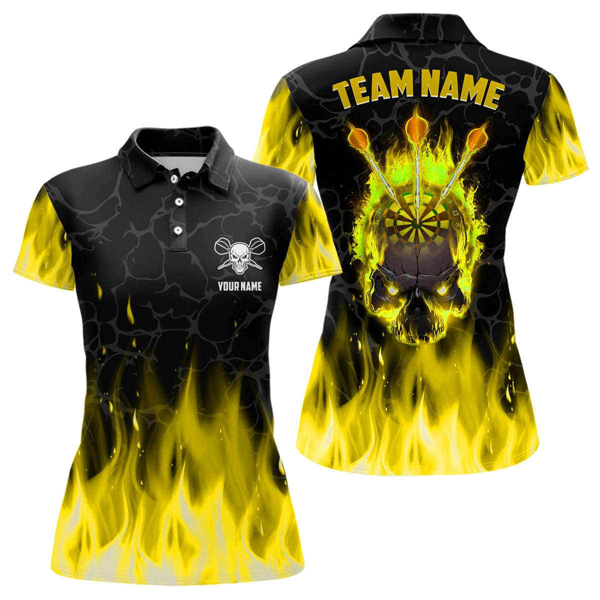 Individuelles Feuerflammen-Skelett Herren Poloshirt, Gruseliges Dart-Teamtrikot Gelb TDM2554