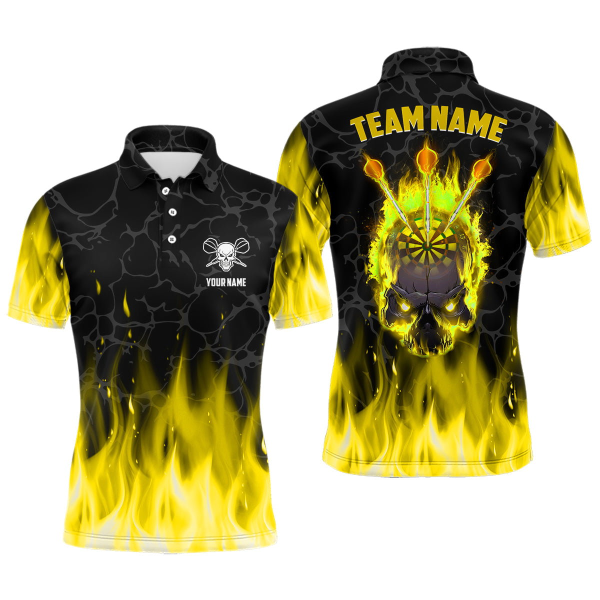 Individuelles Feuerflammen-Skelett Herren Poloshirt, Gruseliges Dart-Teamtrikot Gelb TDM2554