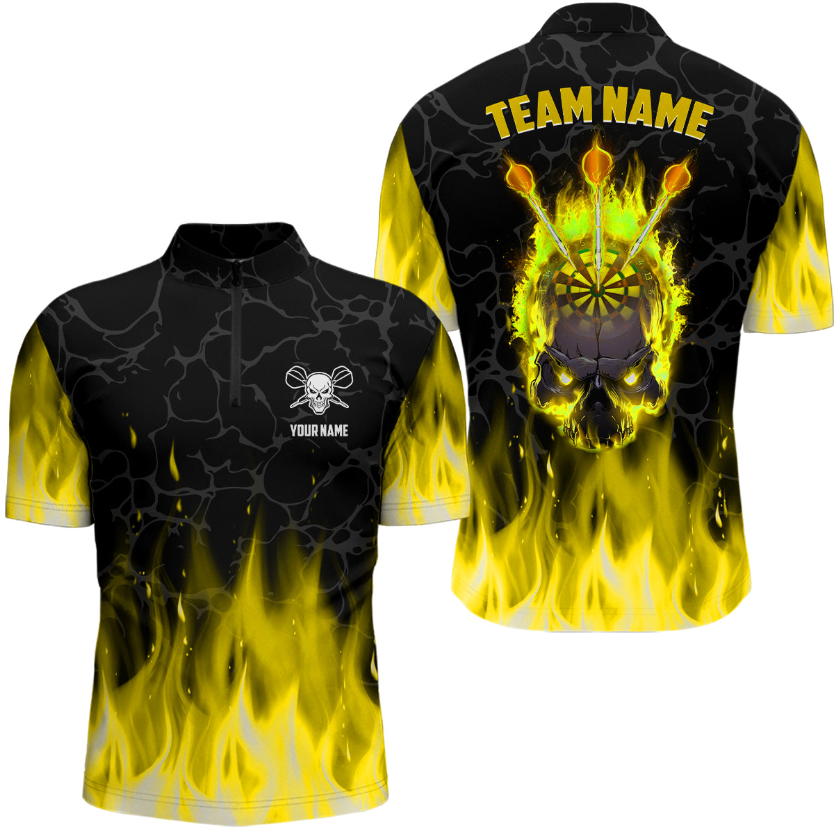 Individuelles Fire Flame Skull Herren Shirt mit Viertelreißverschluss, Gelbes Gruseliges Dart Team Trikot TDM2554