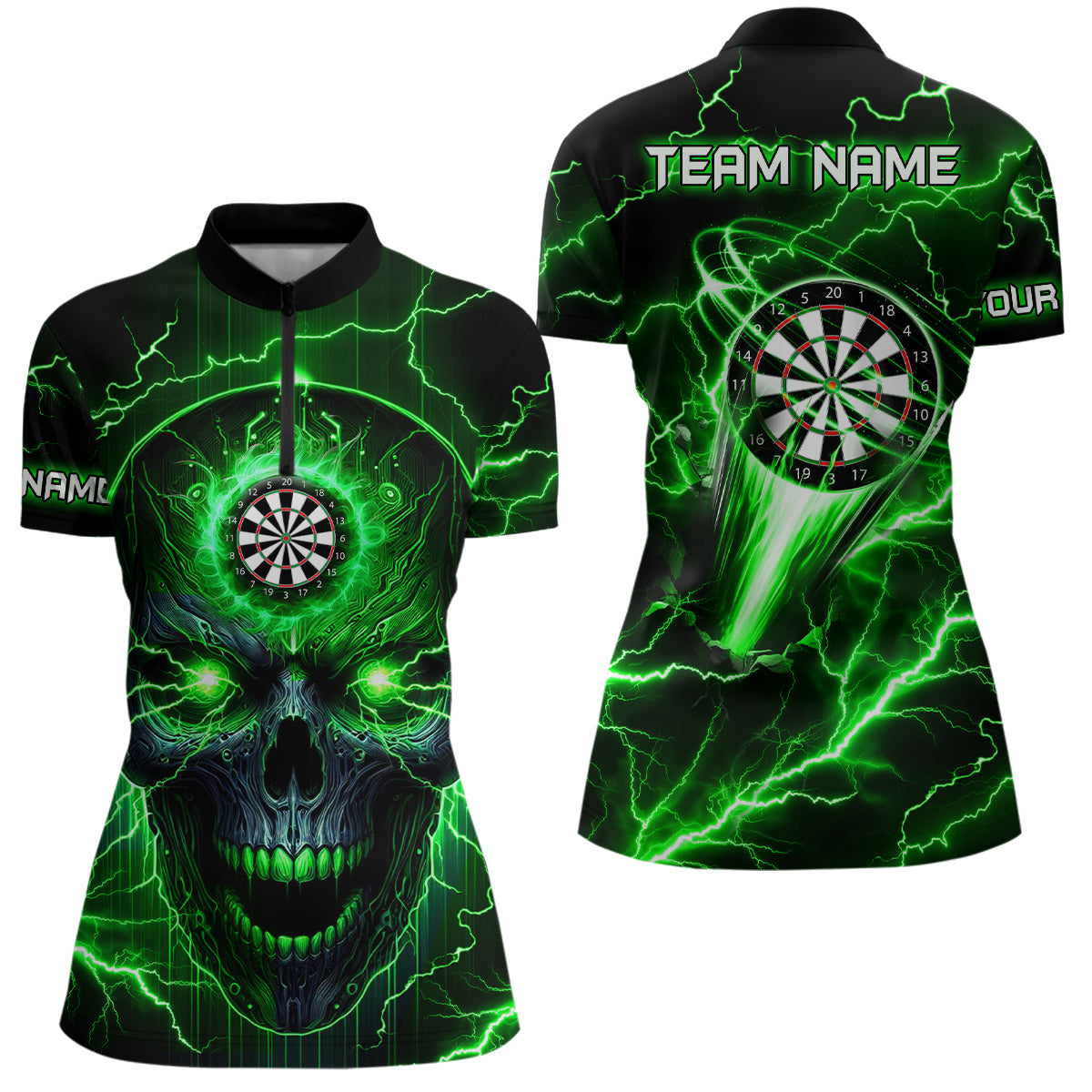 Individuelles grünes Dart Skull Dart Quarter Zip Shirt für Damen, Dart Team Liga Shirt TDM1510