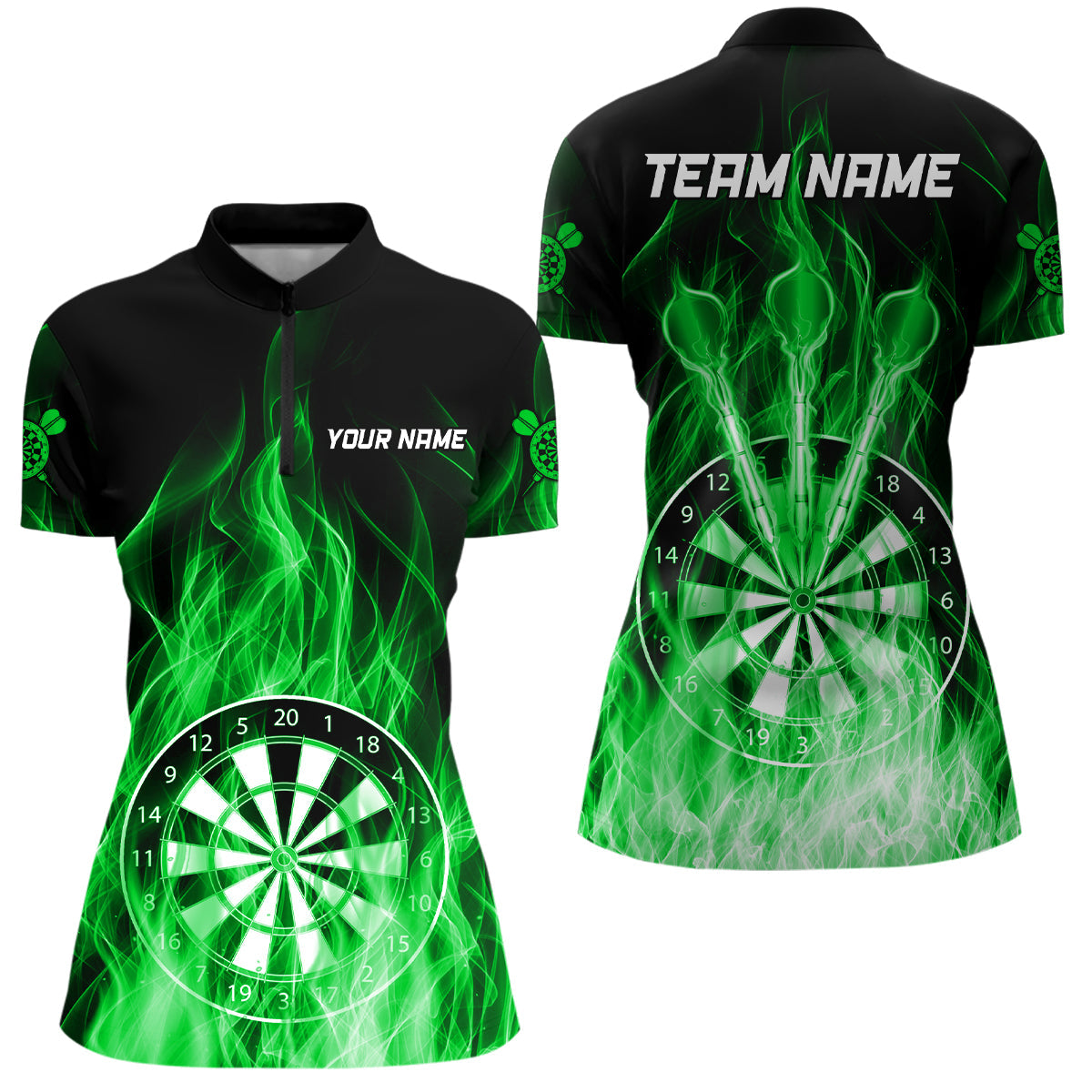 Feuer Flamme Dartboard 3D Dartpolo & 1/4 Reißverschluss personalisierte Dartshirts für Damen |Grün TDM3300