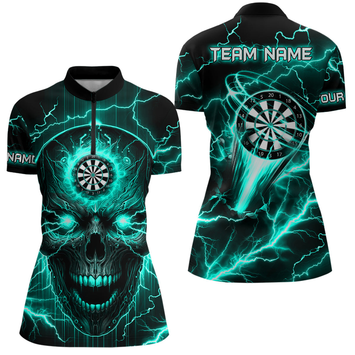 Individuelles Türkises Darts Totenkopf Dart Damen Quarter Zip Shirt, Blitz Donner Dart Trikot TDM2838