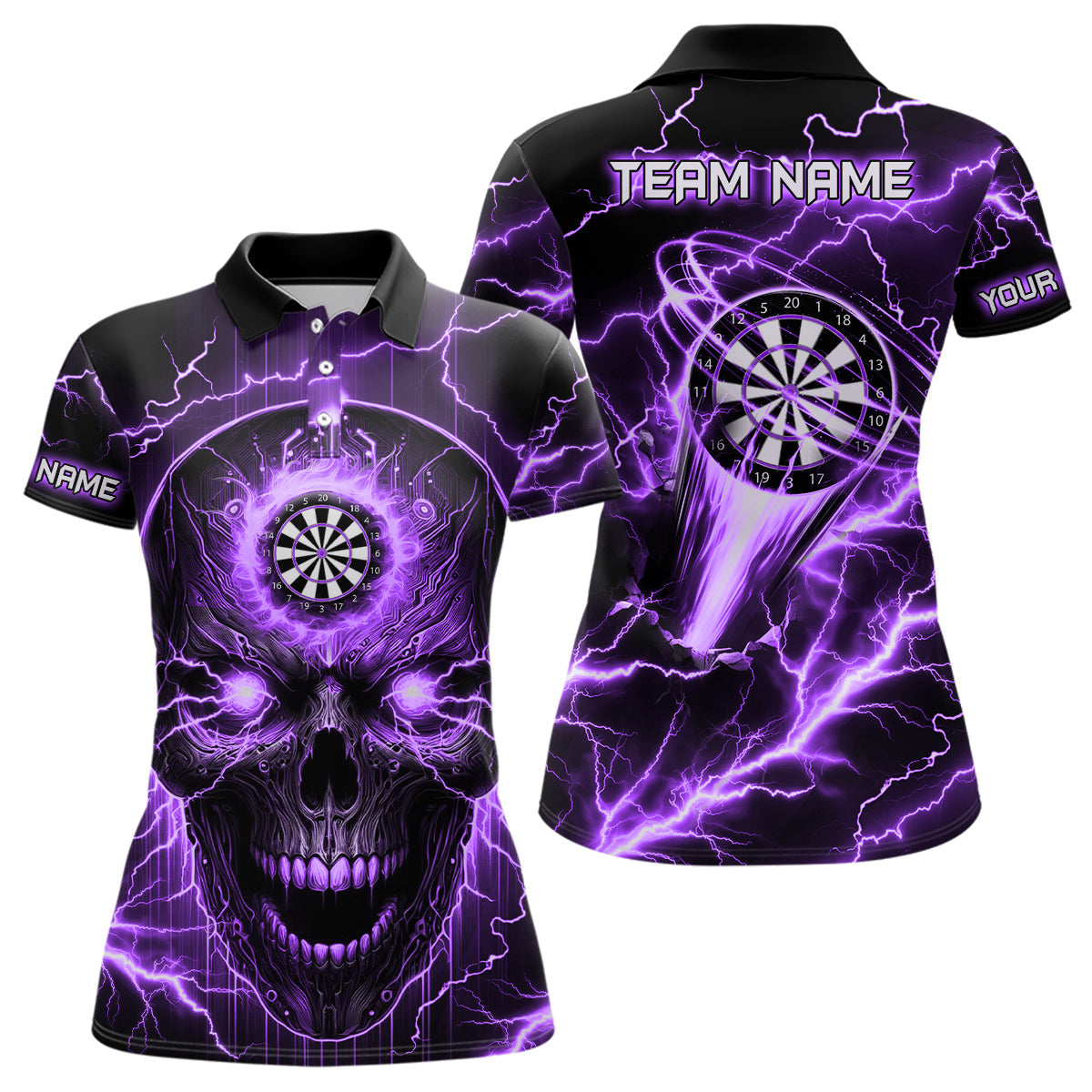 Individuelles Lila Darts Skull Dart Poloshirt für Damen, Blitz Donner Dart Trikot TDM2839