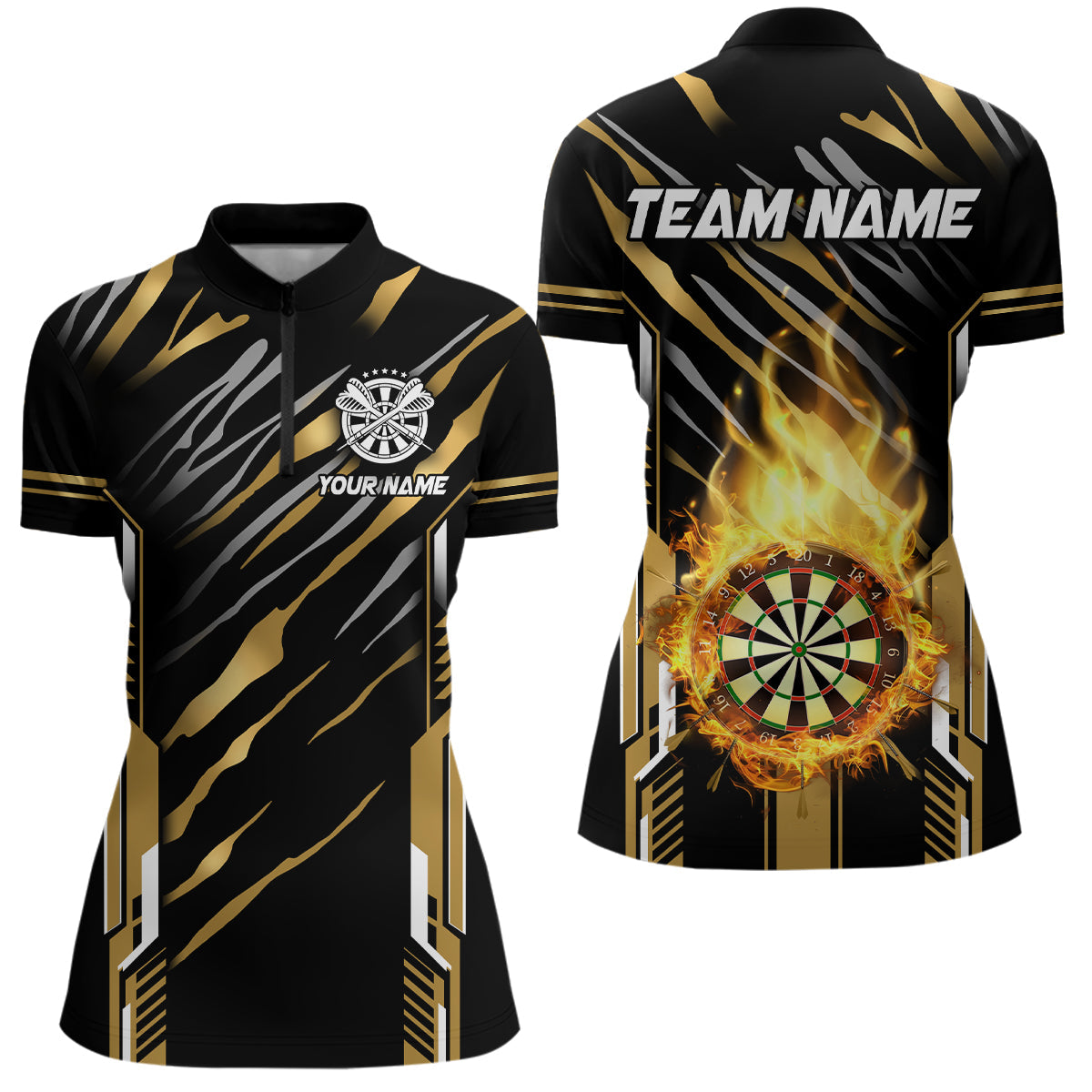 Individuelles Dartboard Feuerflamme Dart Quarter Zip Shirt Für Damen, Dart Liga Trikot Team Uniform Gold TDM3073