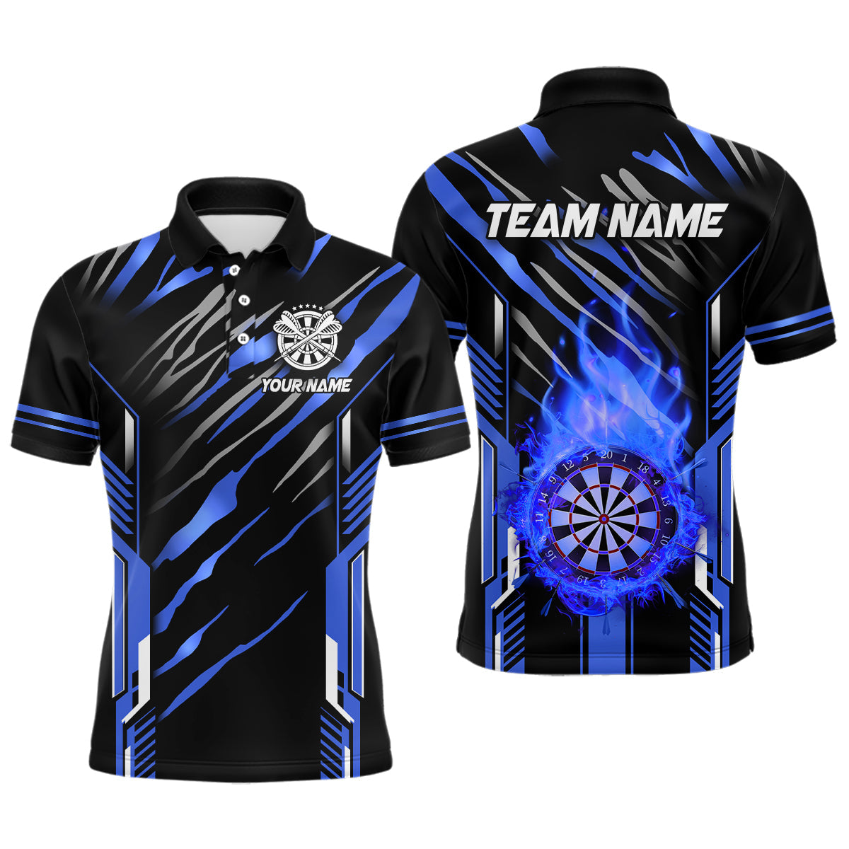 Individuelles Dartbrett-Feuerflammen-Dart-Poloshirt für Herren, Dart-Liga-Trikot-Team-Uniform Blau TDM3074