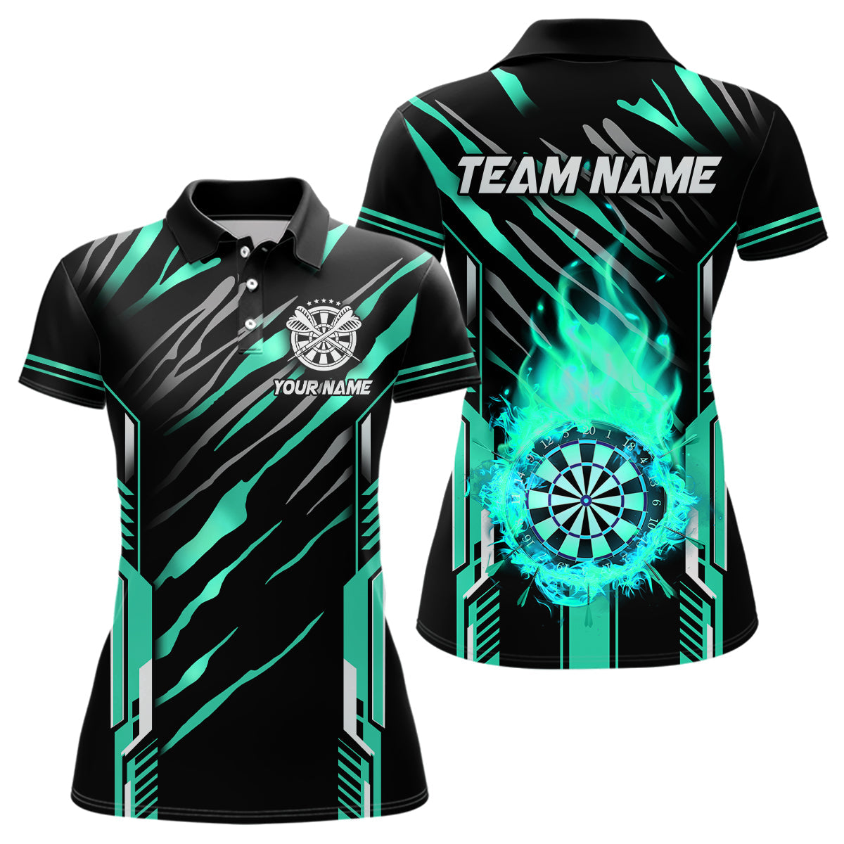 Individuelles Dart Board Feuerflamme Dart Poloshirt für Damen, Dart Liga Trikot Team-Uniform Cyan TDM3075
