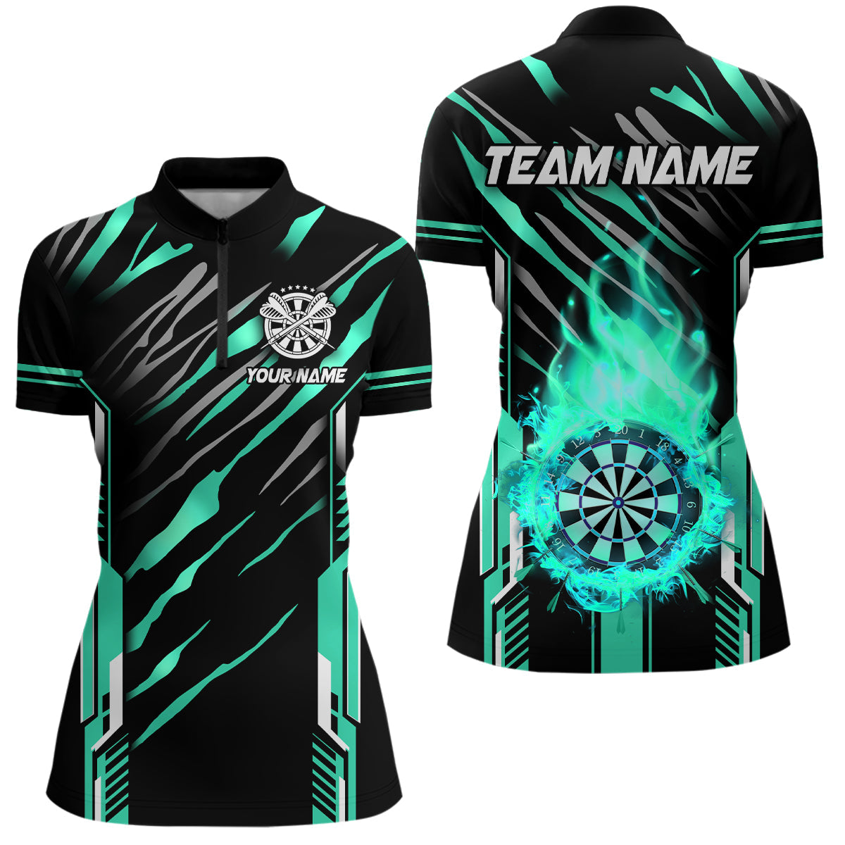 Individuelles Dartbrett Feuerflamme Dart Damen Quarter Zip Shirt, Dartliga Trikot Team Uniform Cyan TDM3075
