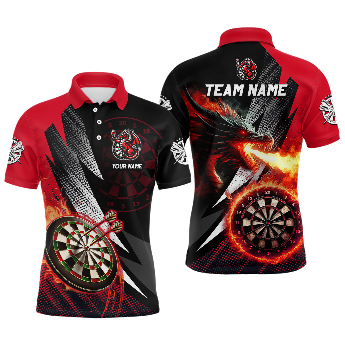 Individuelles schwarz-rotes flammendes Drachen-Dart-Poloshirt für Herren, Team-Darttrikot TDM3080
