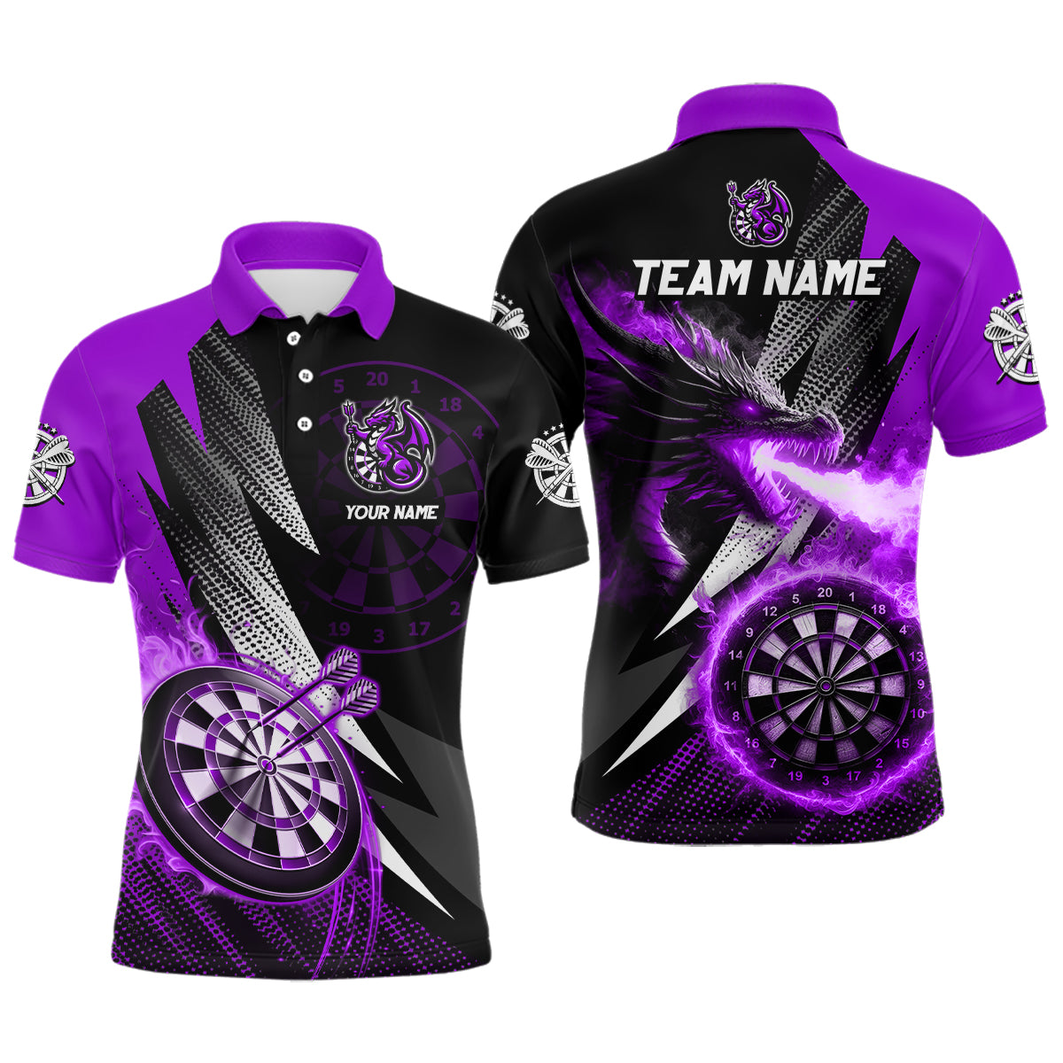 Individuelles schwarz-lila flammendes Drachen-Dart-Poloshirt für Herren, Team-Darttrikot TDM3081