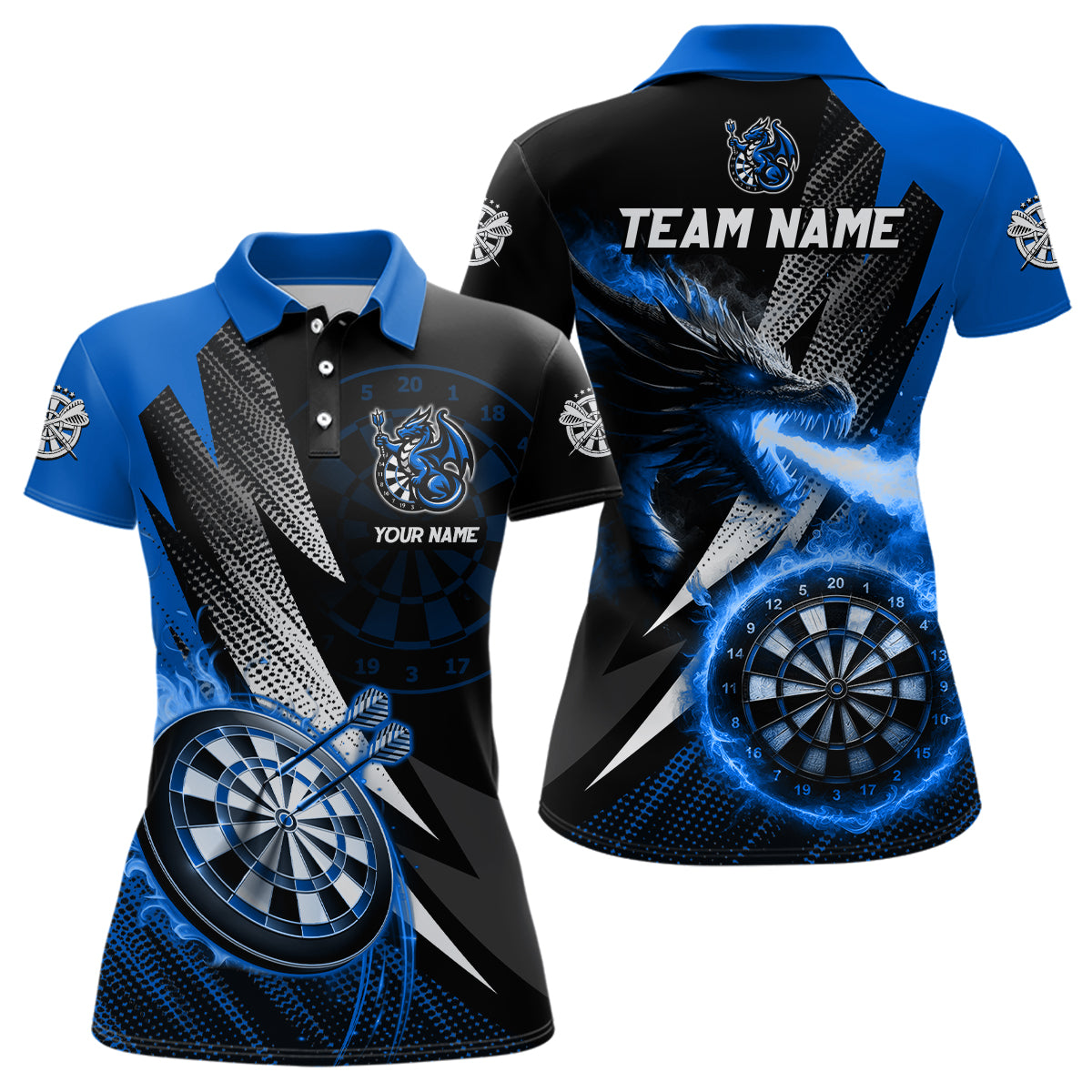 Individuelles Schwarzes und Blaues Flammender Drache Dart Poloshirt für Damen, Team Dart Trikot TDM3082