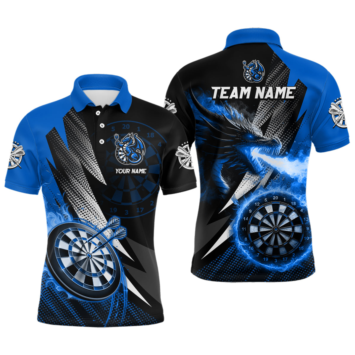 Individuelles schwarz-blaues flammendes Drachen-Dart-Poloshirt für Herren, Team-Darttrikot TDM3082